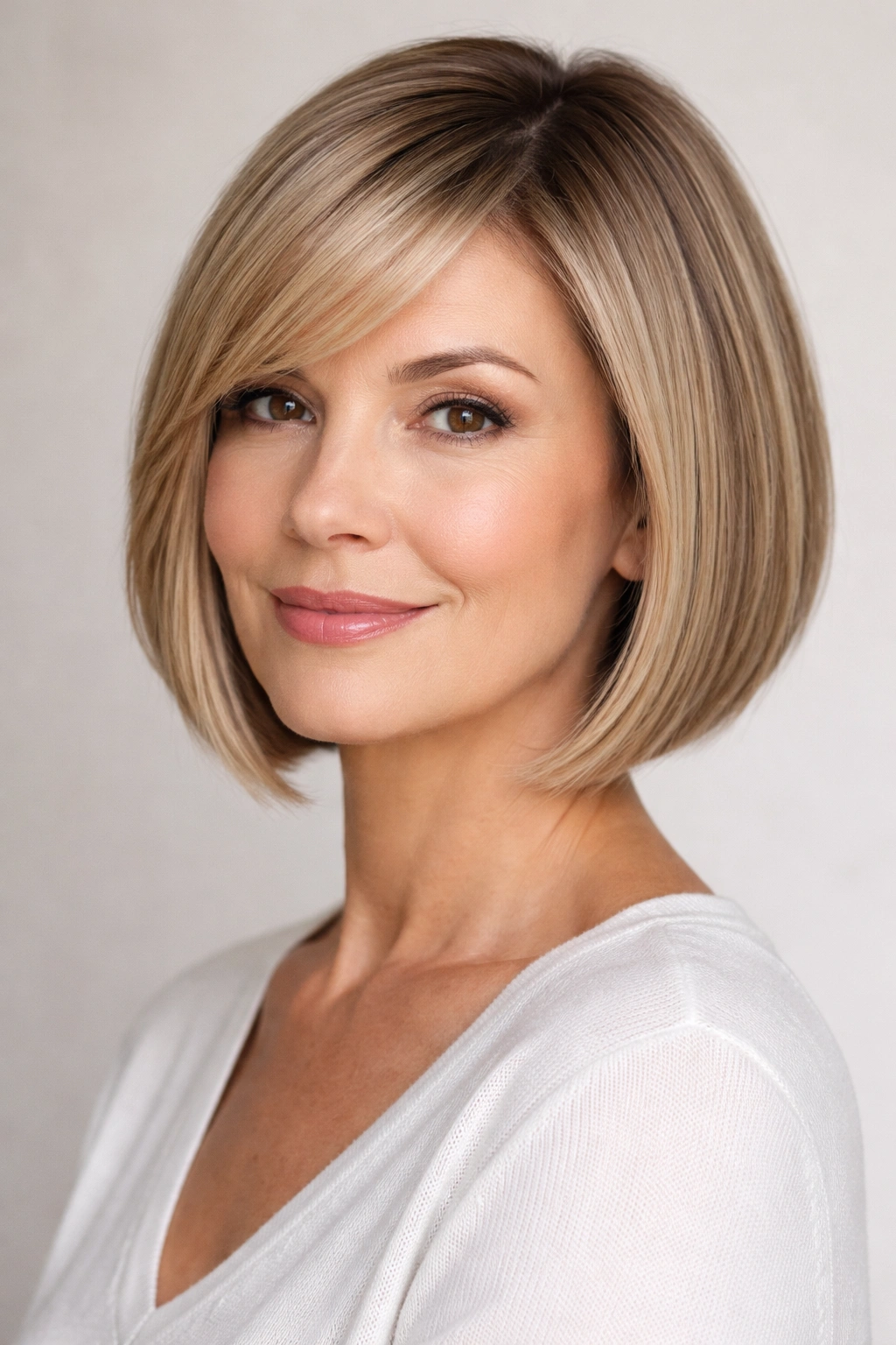 12 Chin Length Hairstyles For Women Over 50 3 Chin-length blunt bob with straight edge and side-swept bangs.