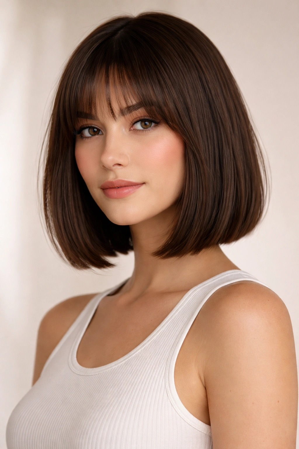 Close-up of a shoulder-length blunt bob with soft bangs on a model, highlighting a crisp hemline and cheekbone framing