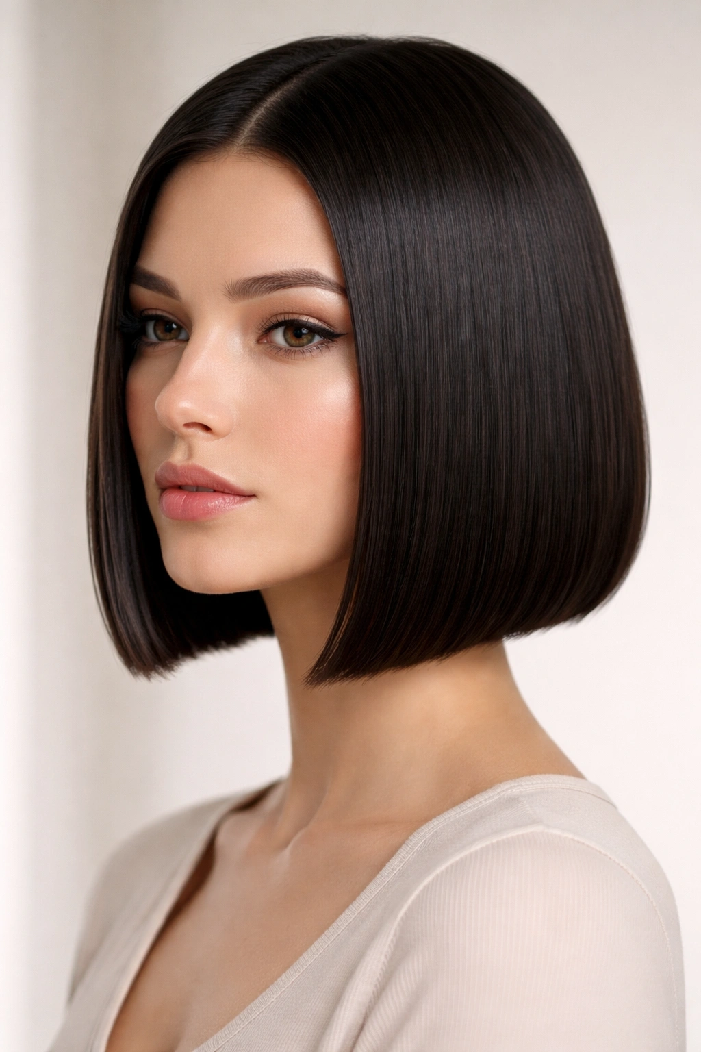Close-up of a crisp chin-length blunt bob on straight hair