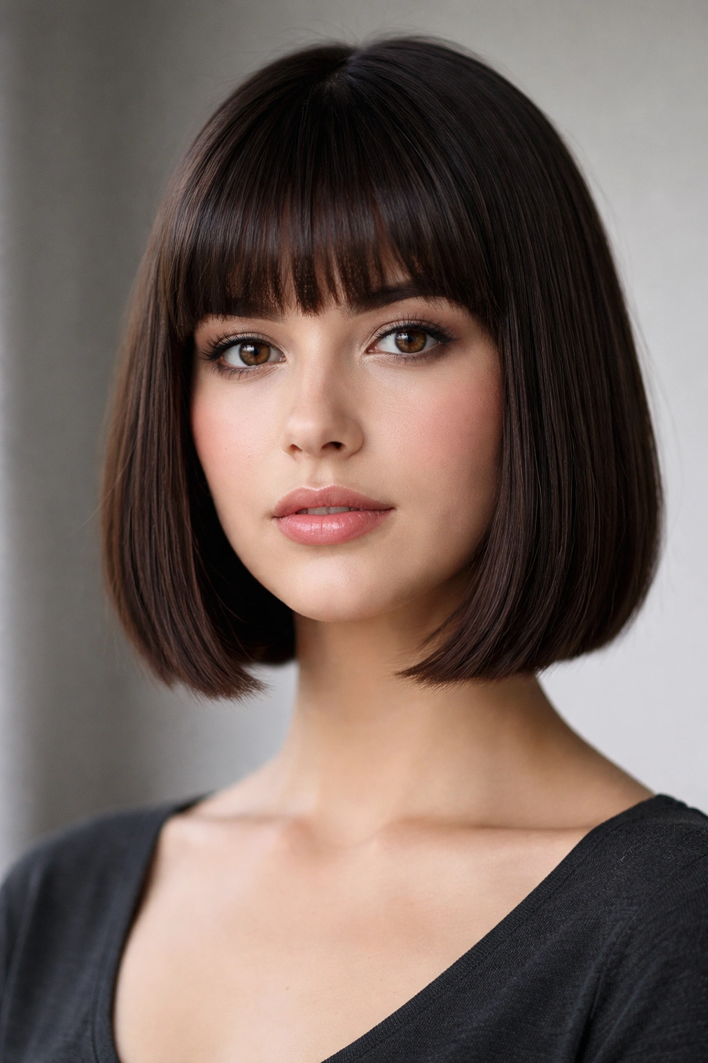 Blunt bob with straight bangs on a round-faced model in studio lighting