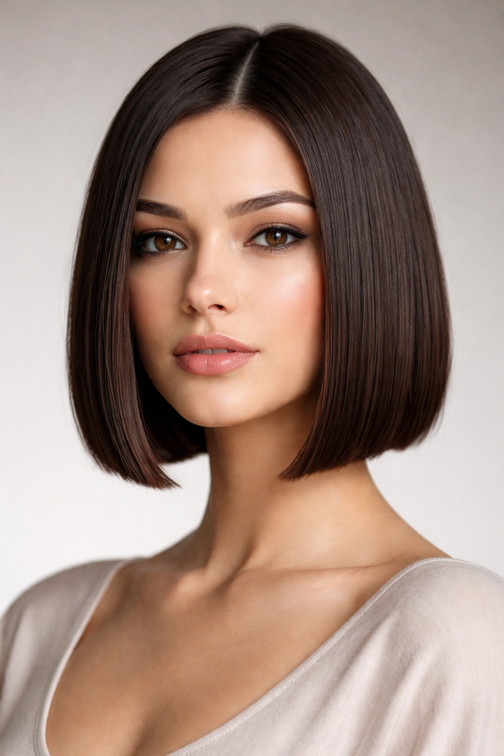 Close-up of a chin-length blunt bob with a sharp bangs-free edge