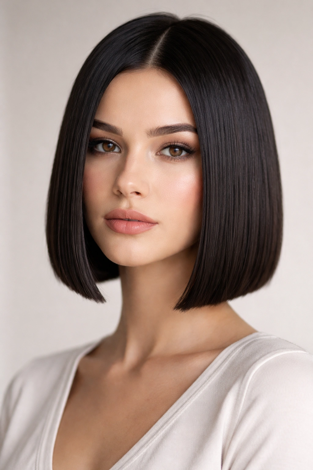 Close-up of a sleek chin-length blunt bob on straight hair with sharp lines
