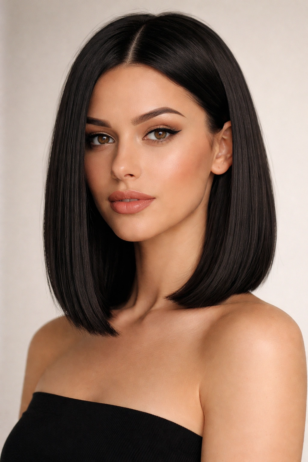 20 Medium Length Haircuts For Every Hair Texture 1 Close-up of a shoulder-length blunt bob with crisp straight ends and a side part
