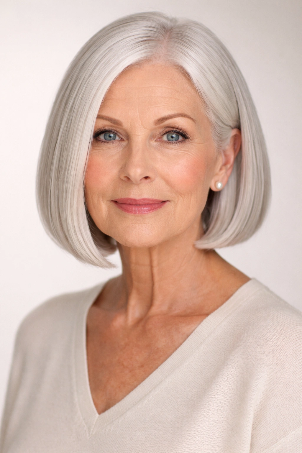 Close-up portrait of a mature woman with a blunt bob, straight gray hair, studio lighting