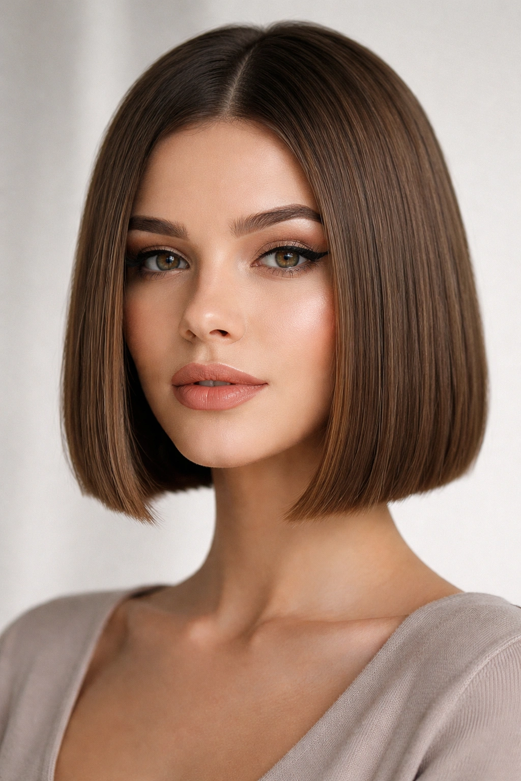 Blunt bob hairstyle on straight hair with a jaw-length crisp edge