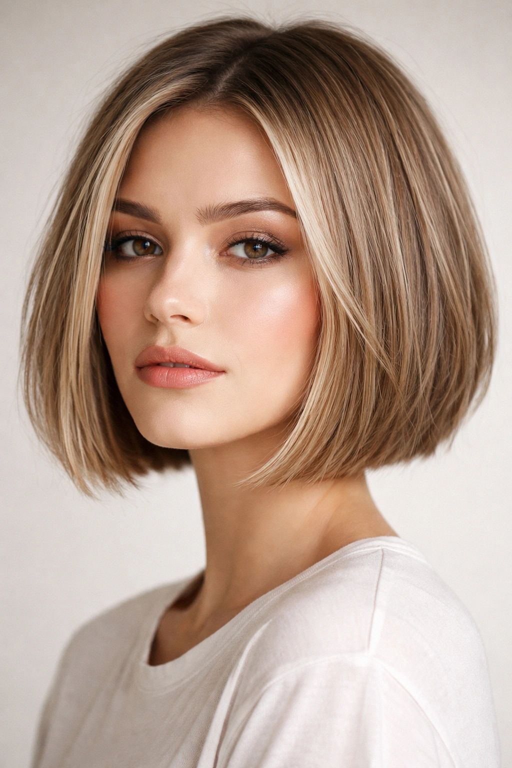 Close-up of a jaw-length blunt bob with texture in studio lighting