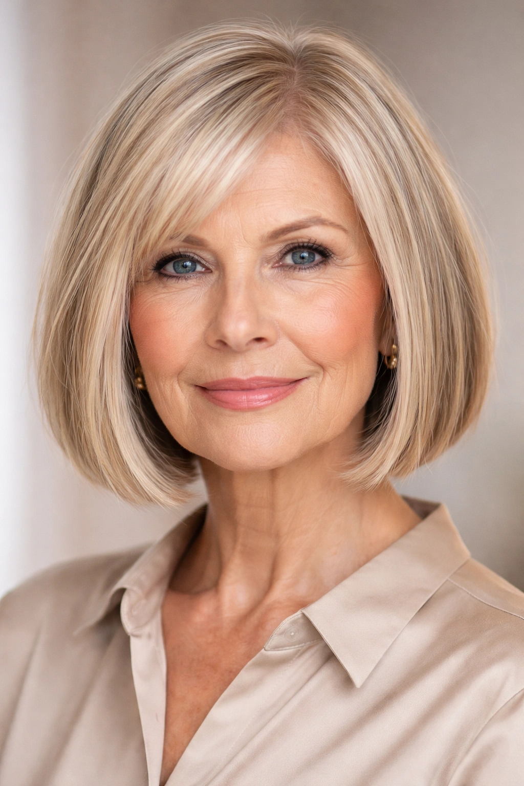 Woman with chin-length blunt bob showing internal texture and crisp edge.