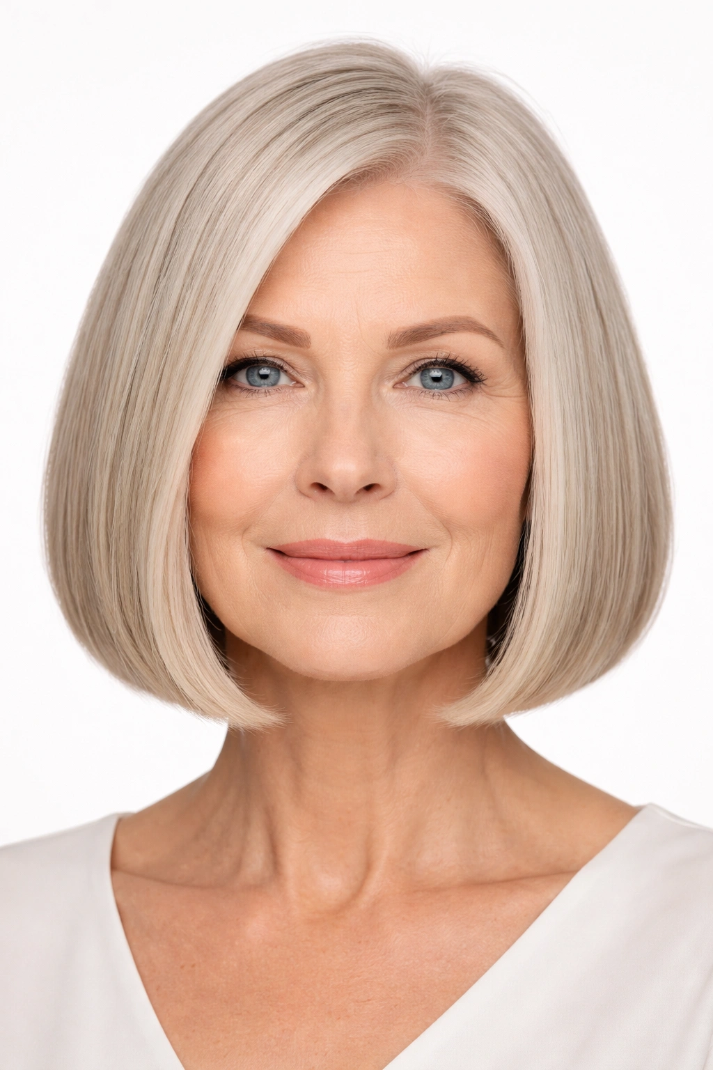 Close-up of a thick-haired person with a precise chin-length blunt bob
