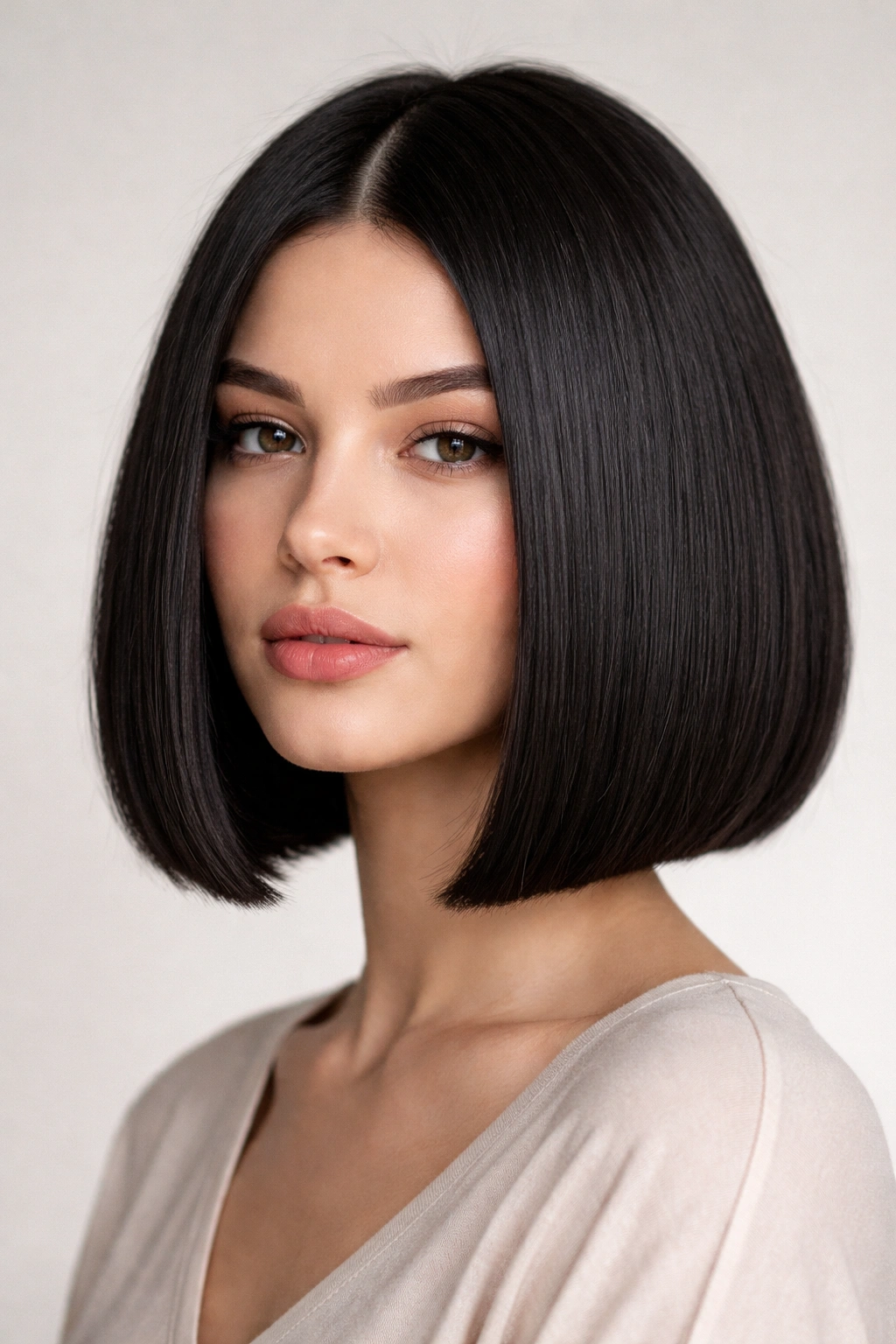 Frontal view of a chin-length blunt bob on very thick hair with a crisp edge