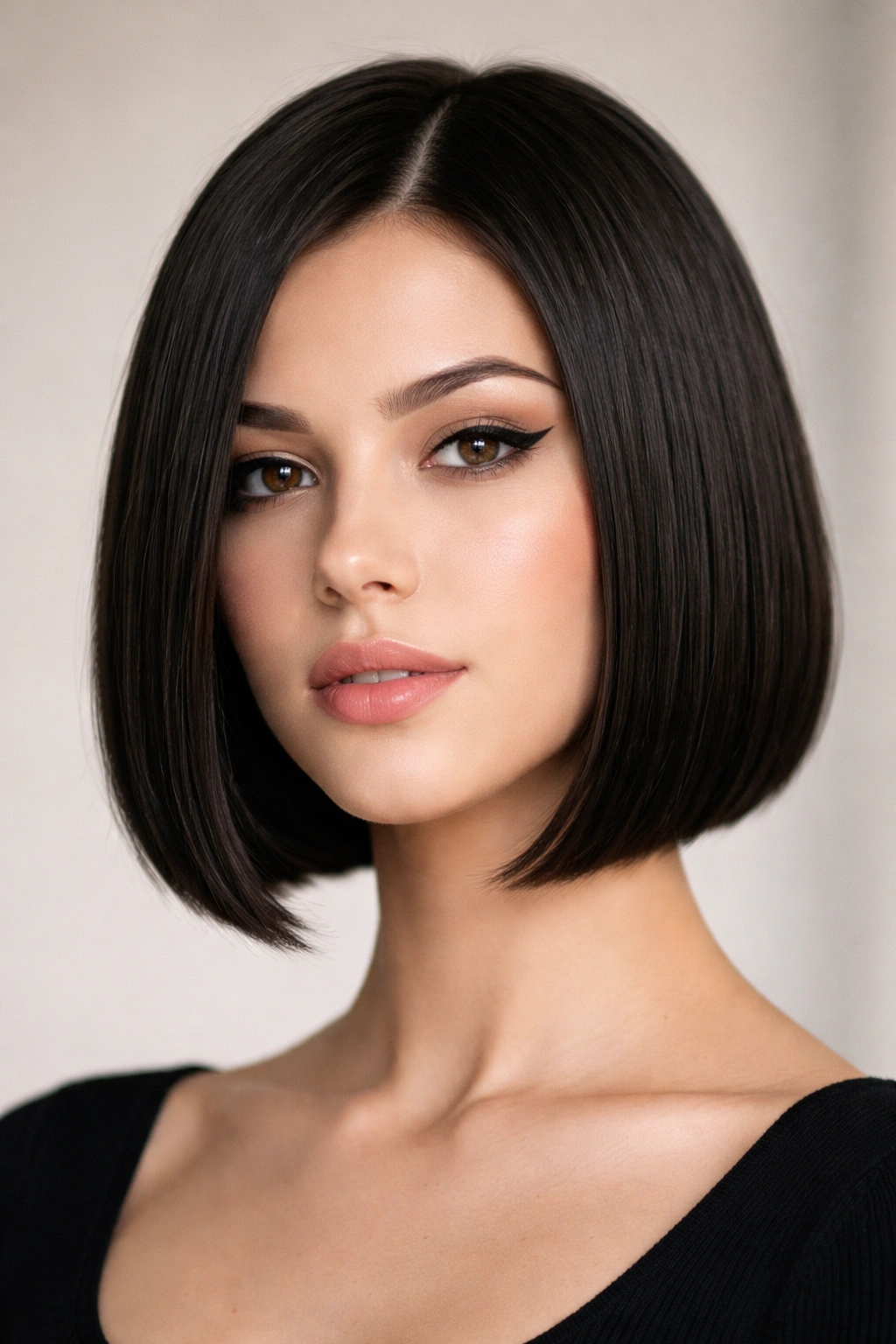 Close-up of The Sleek Blunt Bob with straight, dense ends on thick hair