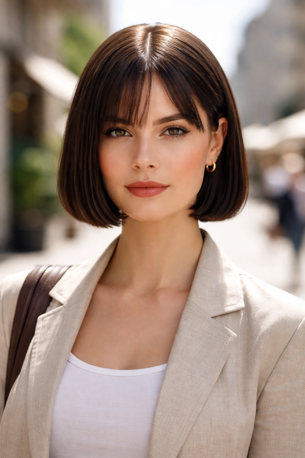 Person with chin-length blunt bob in travel setting