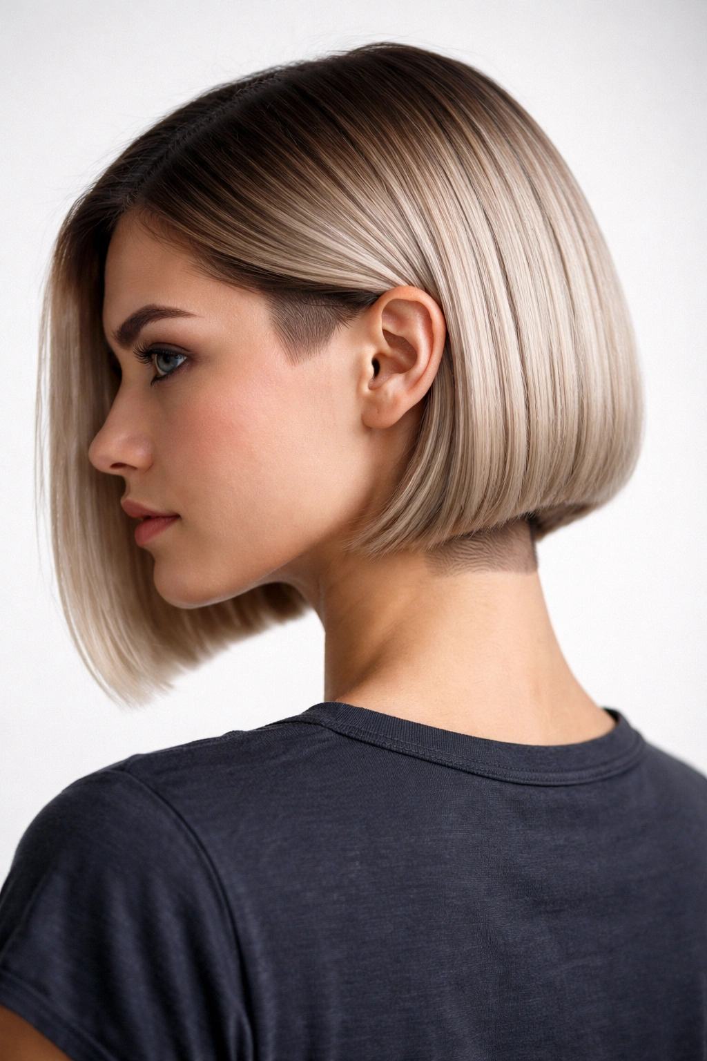 Blunt bob hairstyle with undercut at nape