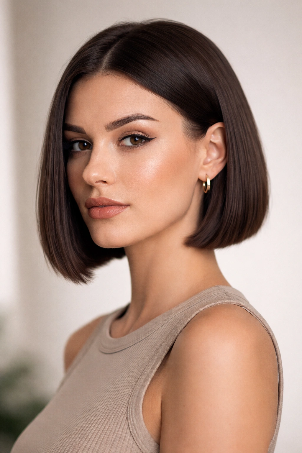 Jaw-length blunt bob with an unseen undercut when worn down.