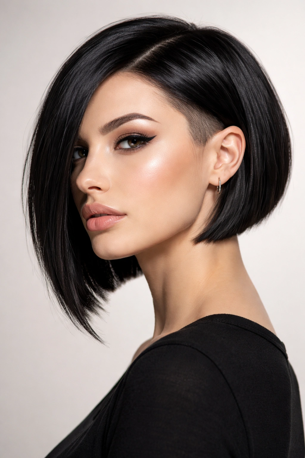 Portrait of a person with a sleek blunt asymmetrical bob and an undercut revealed behind the ear.