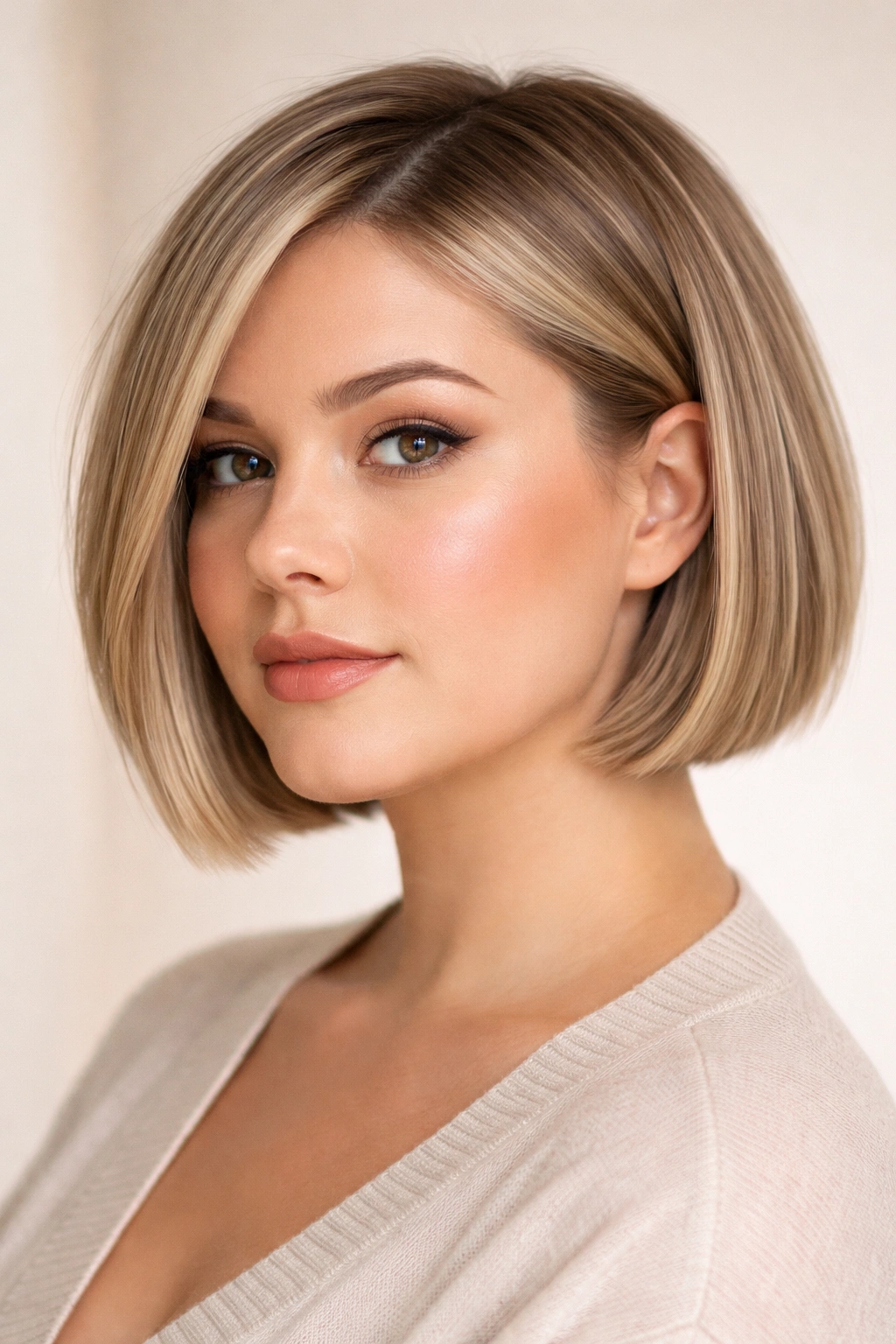 15 Slimming Haircuts That Flatter Fuller Faces 8 Blunt bob hairstyle with subtle undercut and textured top on a model.