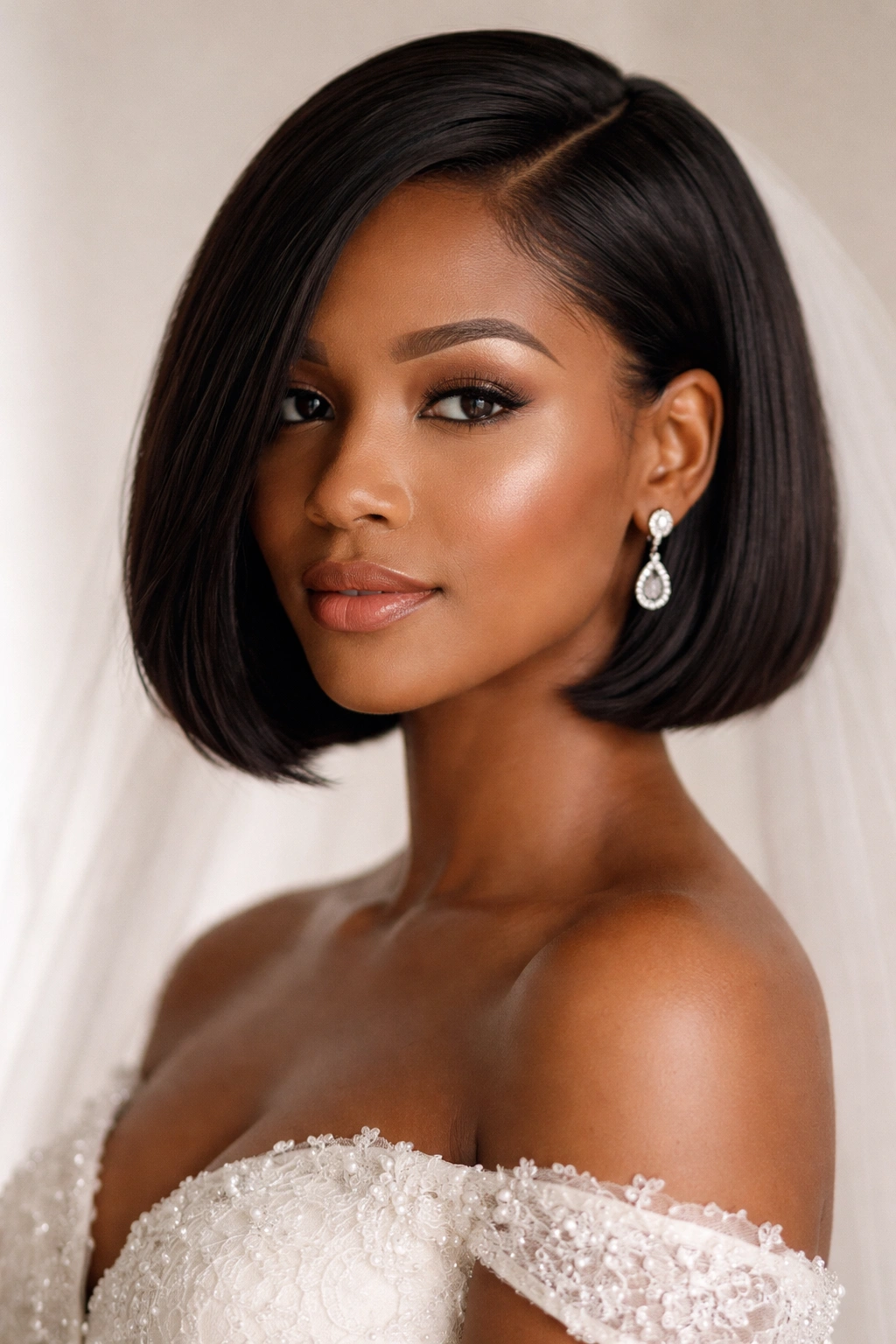 Bridal blunt bob with deep side part and clean lines