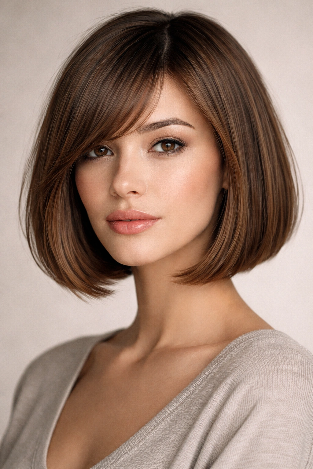 Close-up of a chin-length blunt bob with side-swept bangs on a model