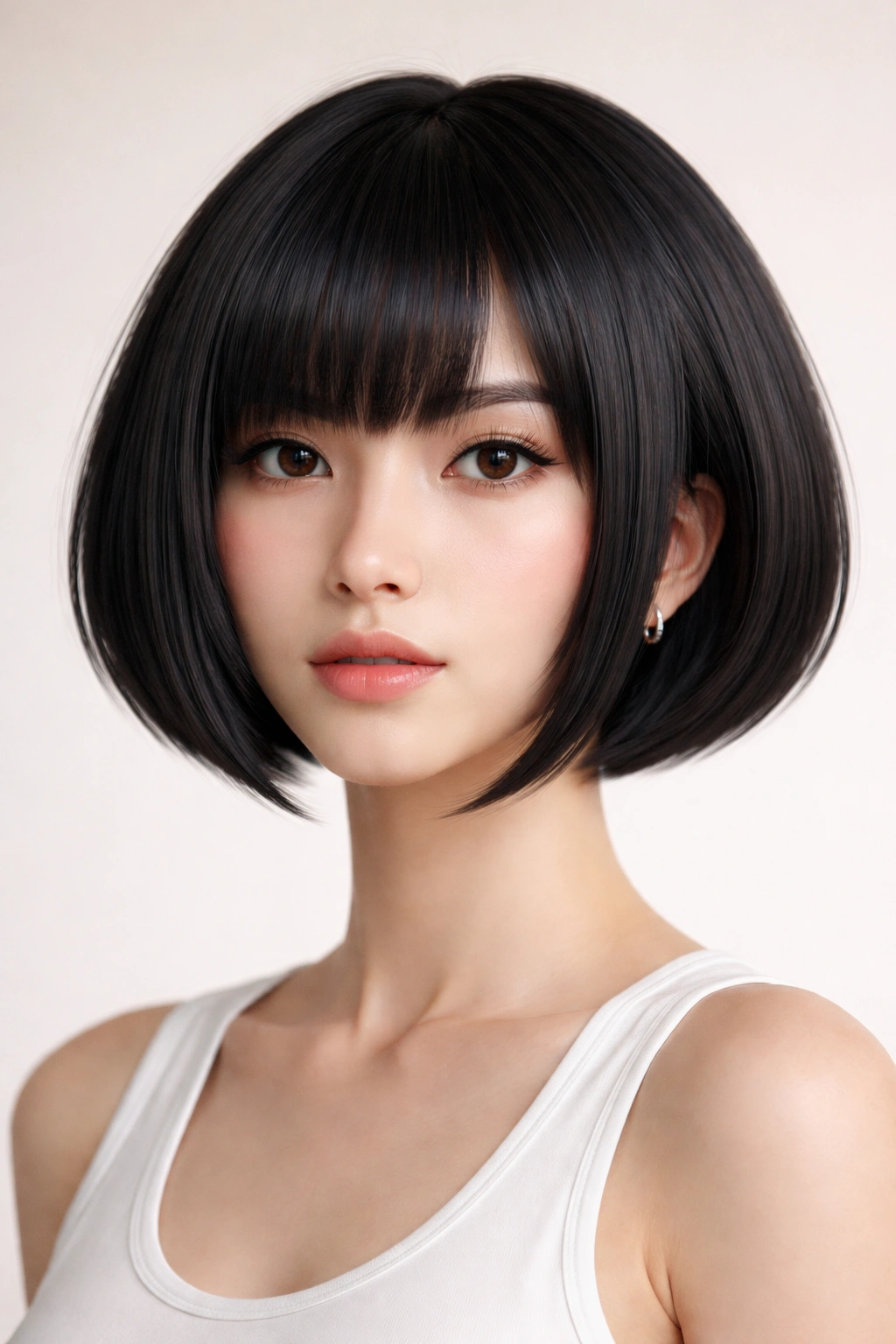 Portrait of a person with a chin-length blunt bubble haircut