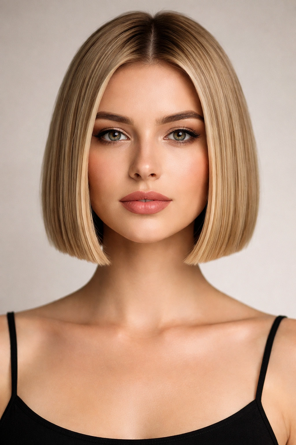 Front view of blunt chin-length bob with a sharp, even edge