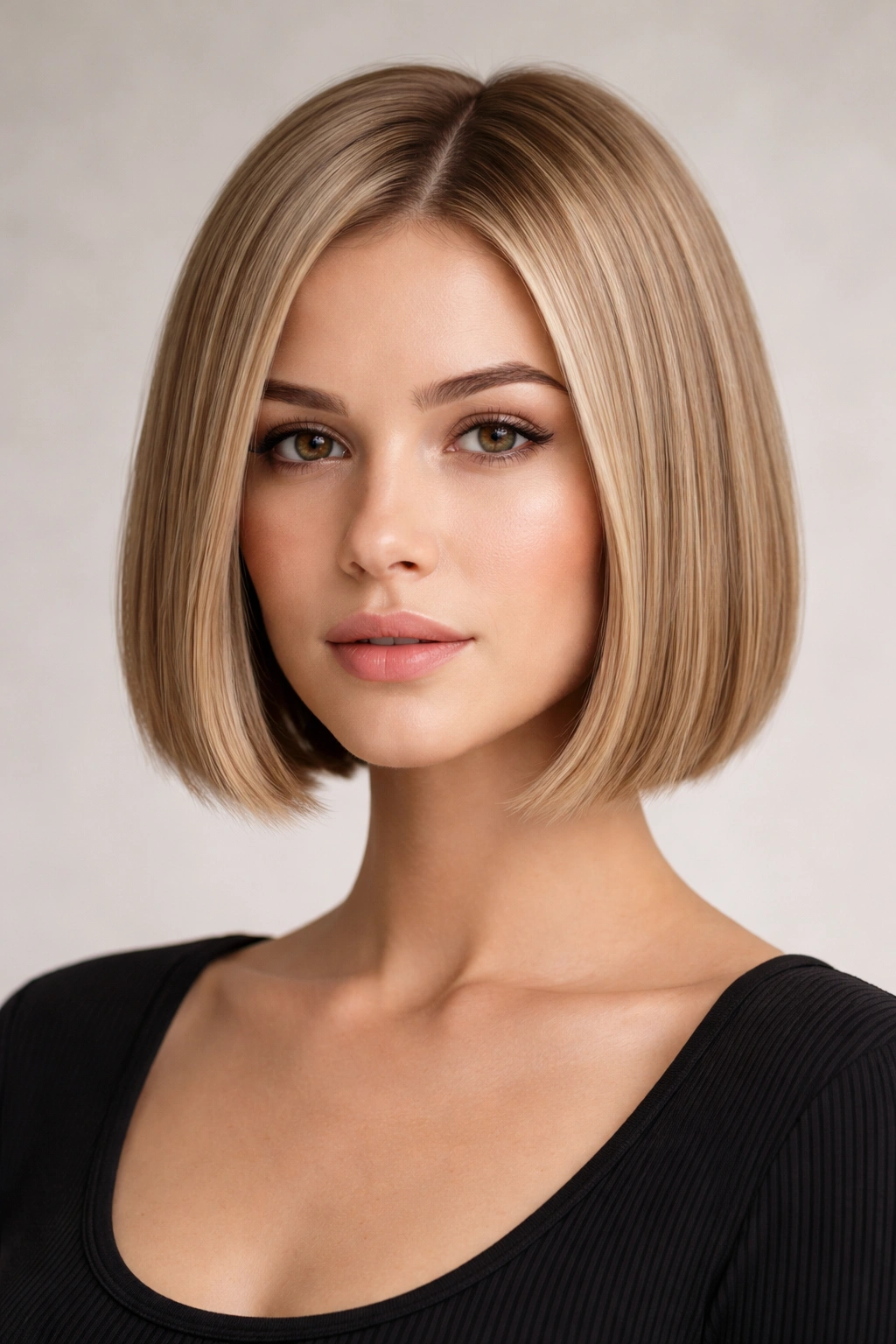 Portrait of a person with a blunt chin-length bob with subtle, barely-there layers