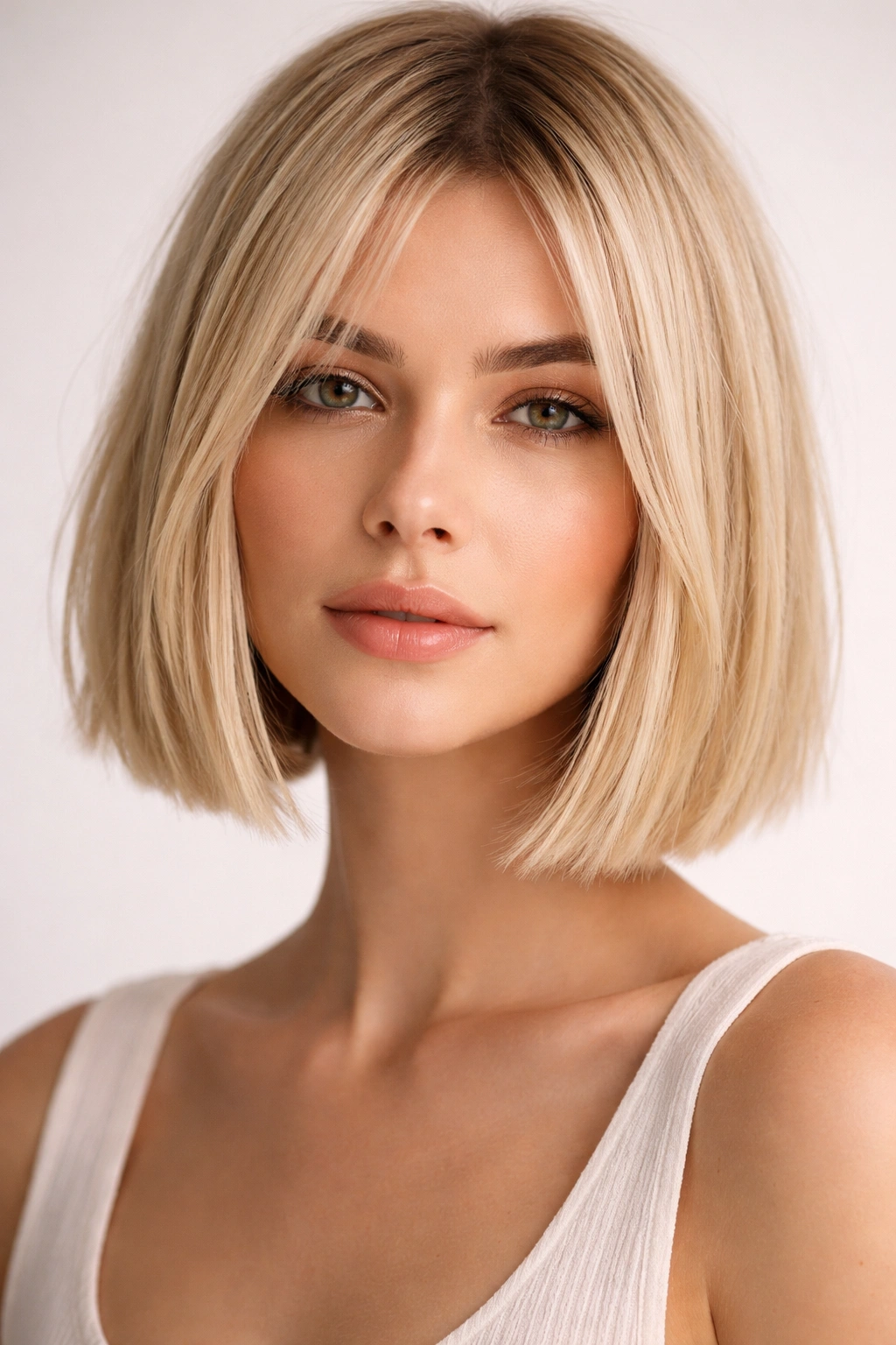 Close-up of blunt chin-length cut with texture and sharp edge