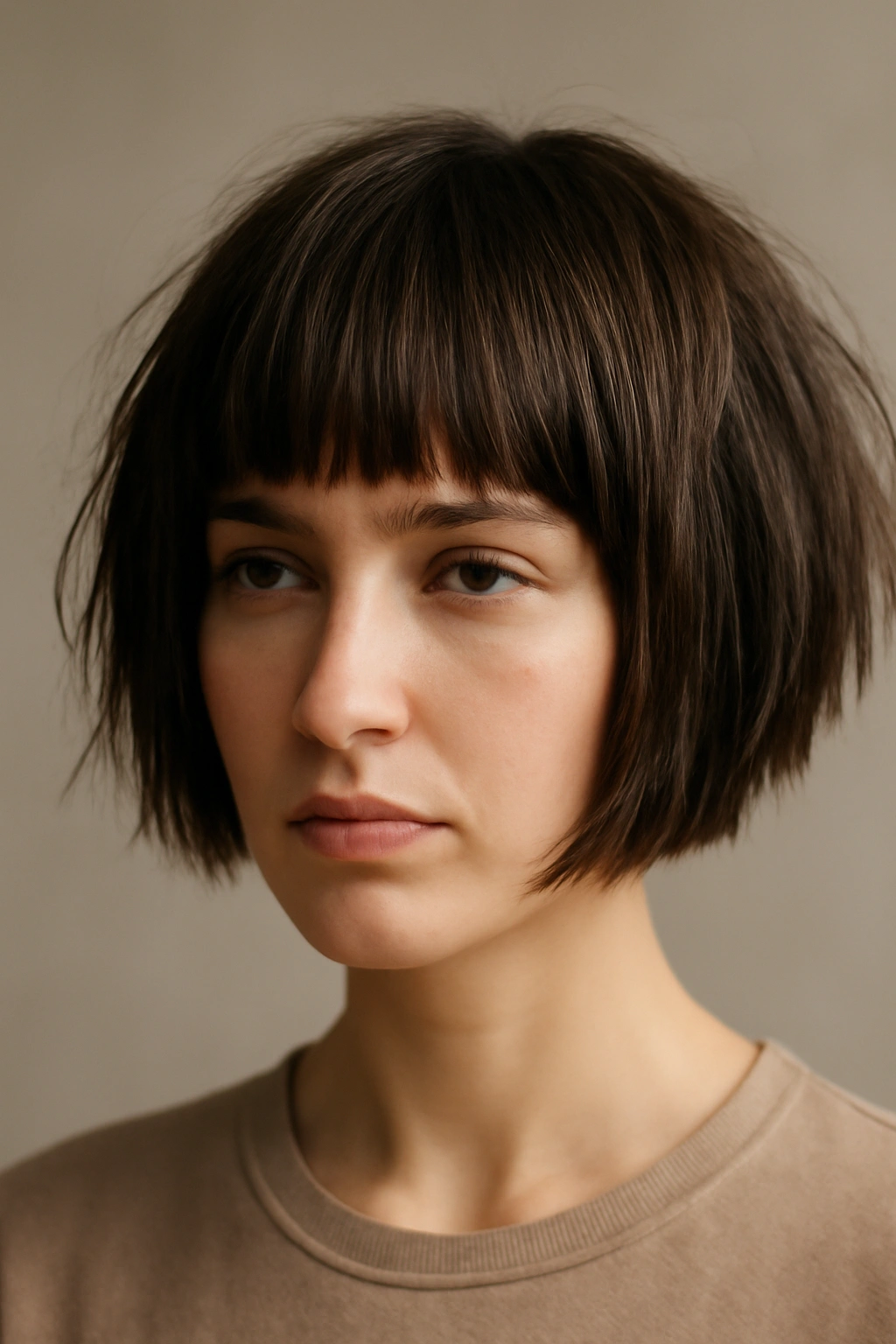 10 Modern Bowl Cuts Women Are Actually Getting 1 Close-up of blunt choppy bowl haircut on a woman in a studio