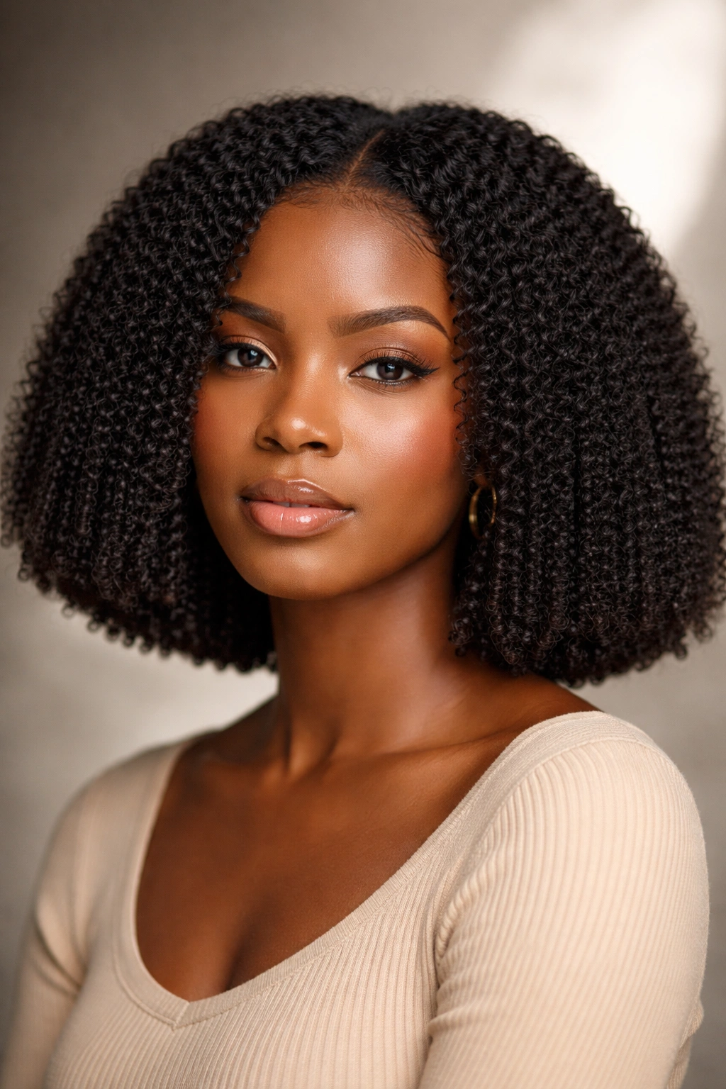 Blunt coily shoulder-length bob with defined ends