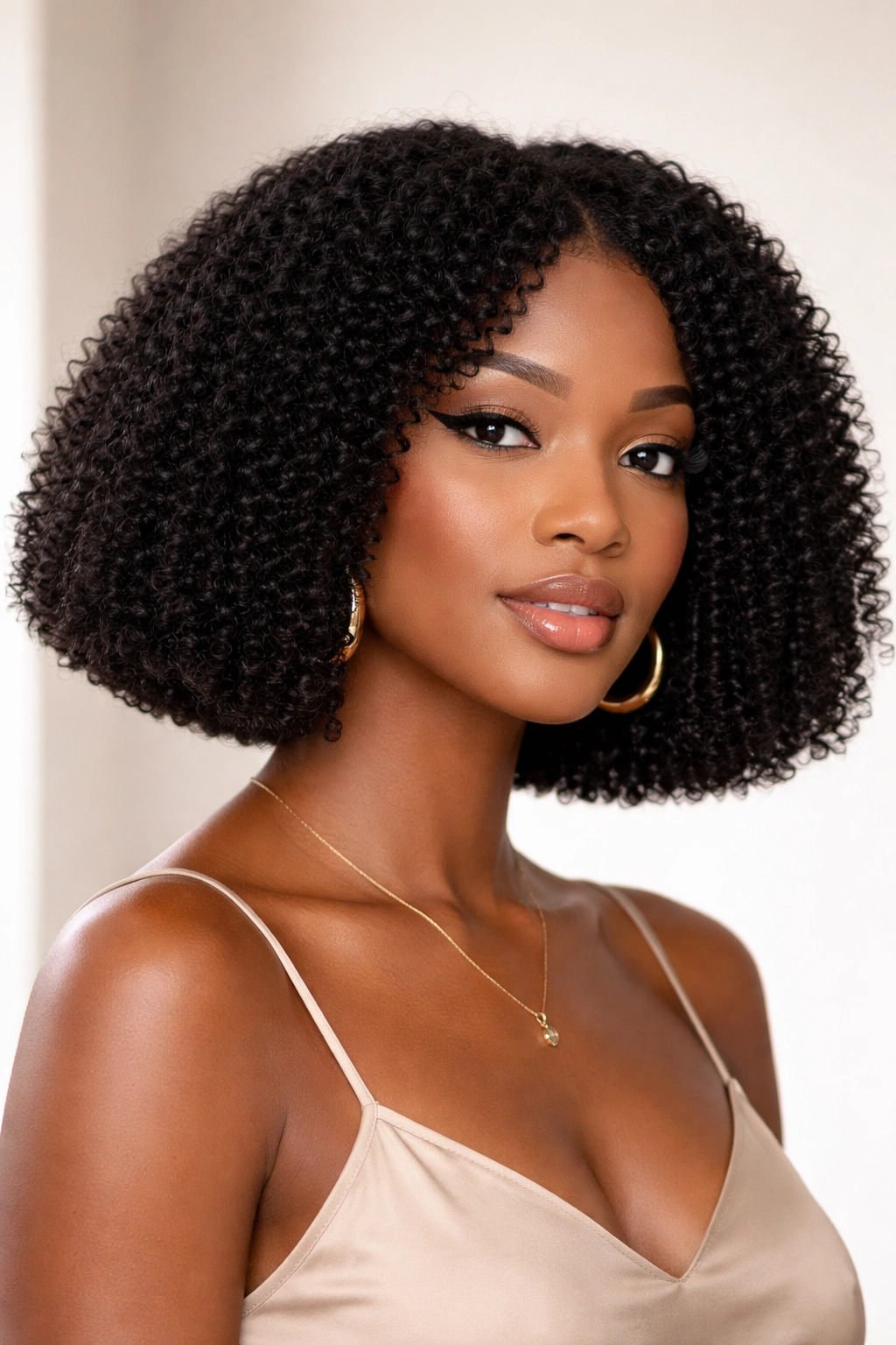 Blunt coily bob with crisp uniform length and bold silhouette