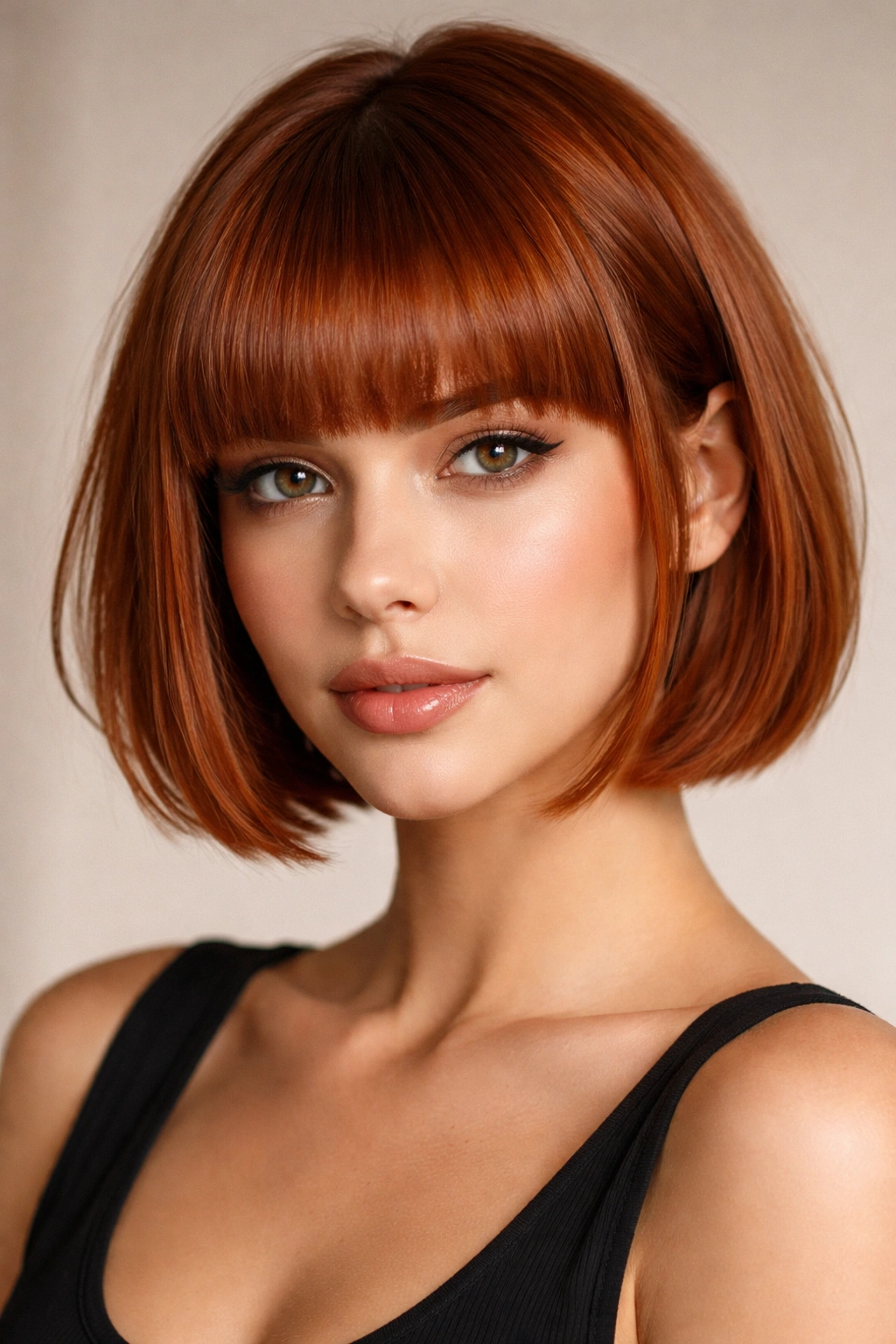 Front view highlighting blunt copper bangs and bold, polished look.