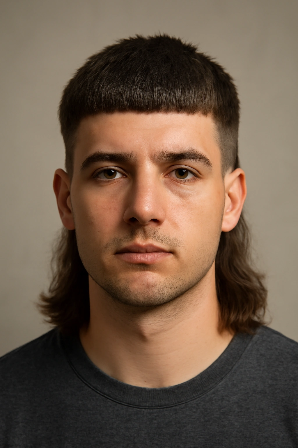 10 Mullet Haircuts That Suit Thick Heavy Hair 8 Portrait of a person with blunt top mullet and long back highlighting sharp lines and dense back hair