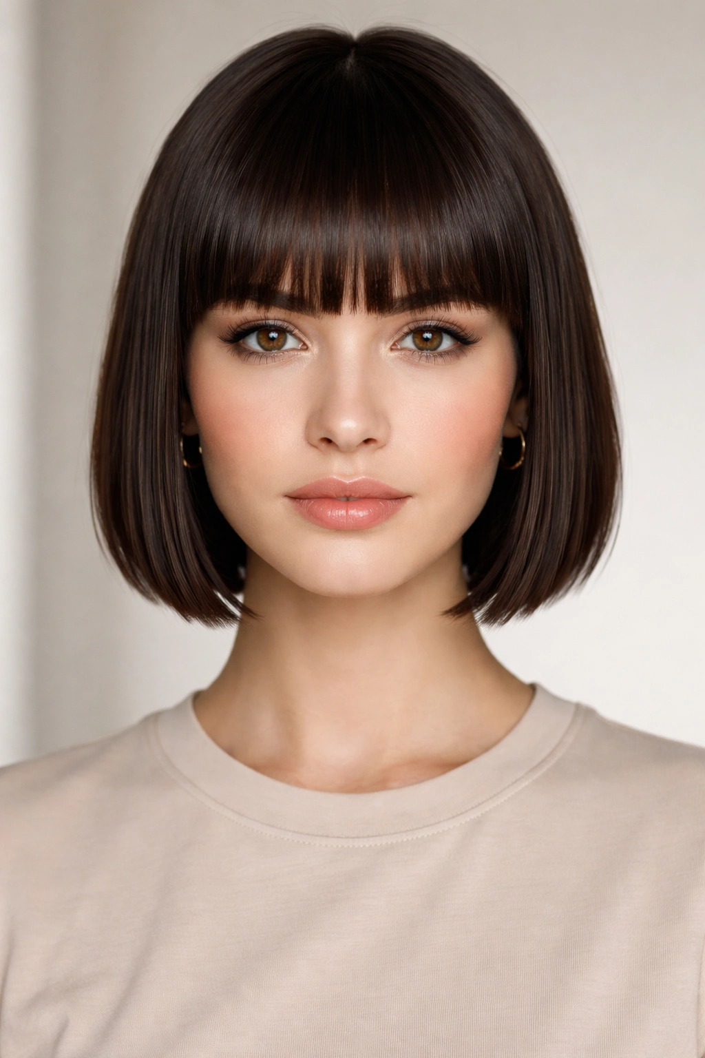 Front view of a blunt crop with straight bangs and crisp geometric lines