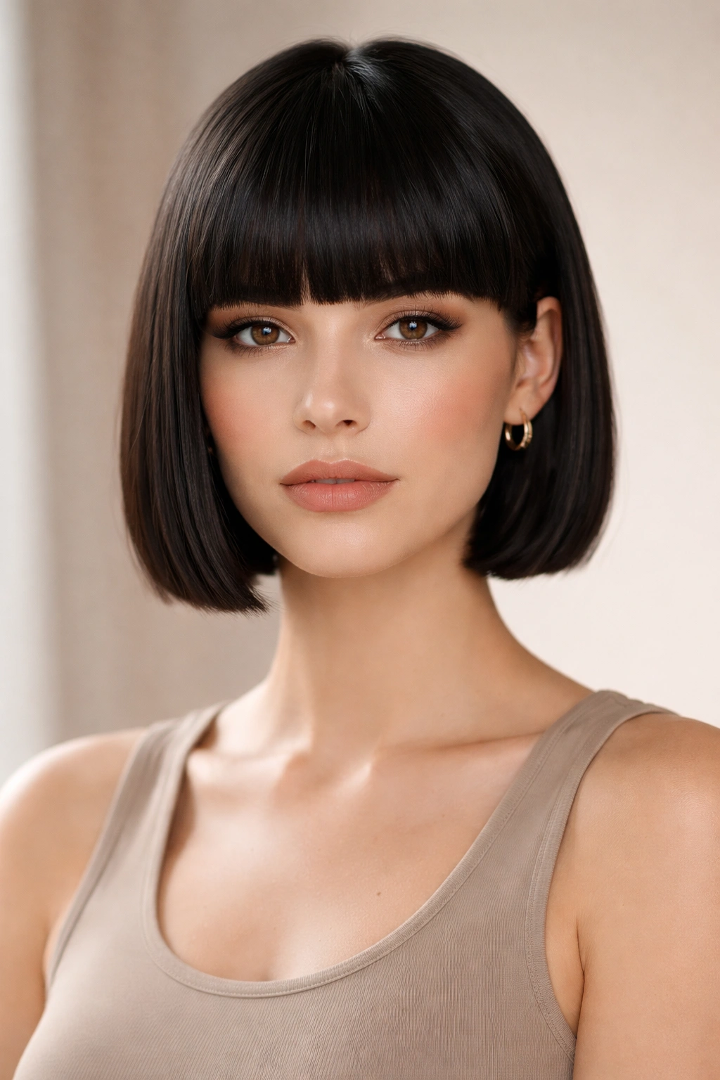 15 Short Haircuts That Work Best On Straight Hair 12 Front portrait of straight-haired head with blunt crop and heavy bangs