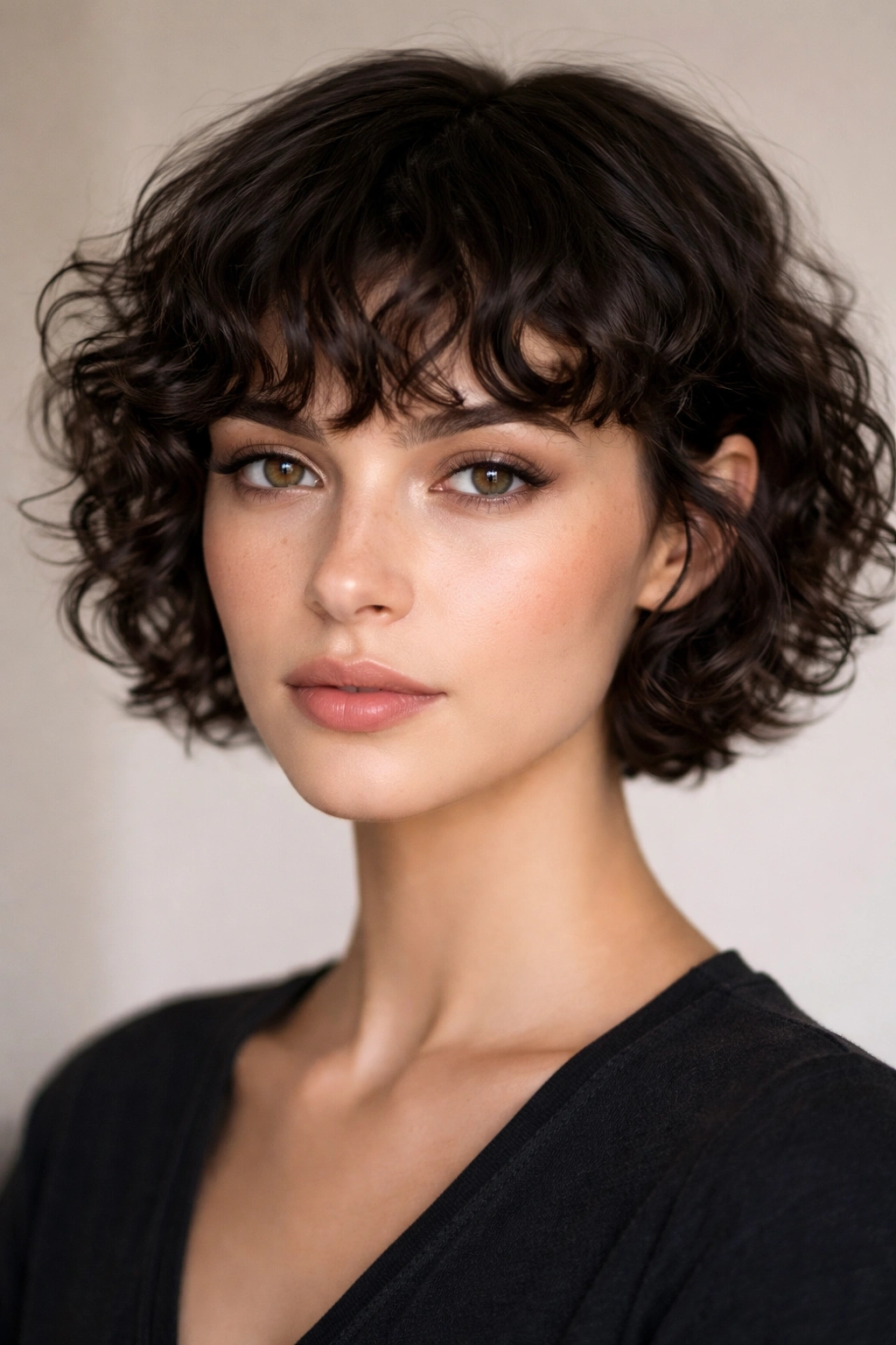 12 Short Haircuts With Curly Bangs You Ll Love 4 Blunt crop with feathered curly bangs framing the face