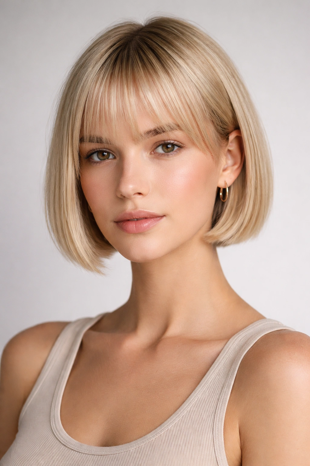 Close-up of a person with a blunt crop haircut for fine straight hair, highlighting a sharp line and added texture.