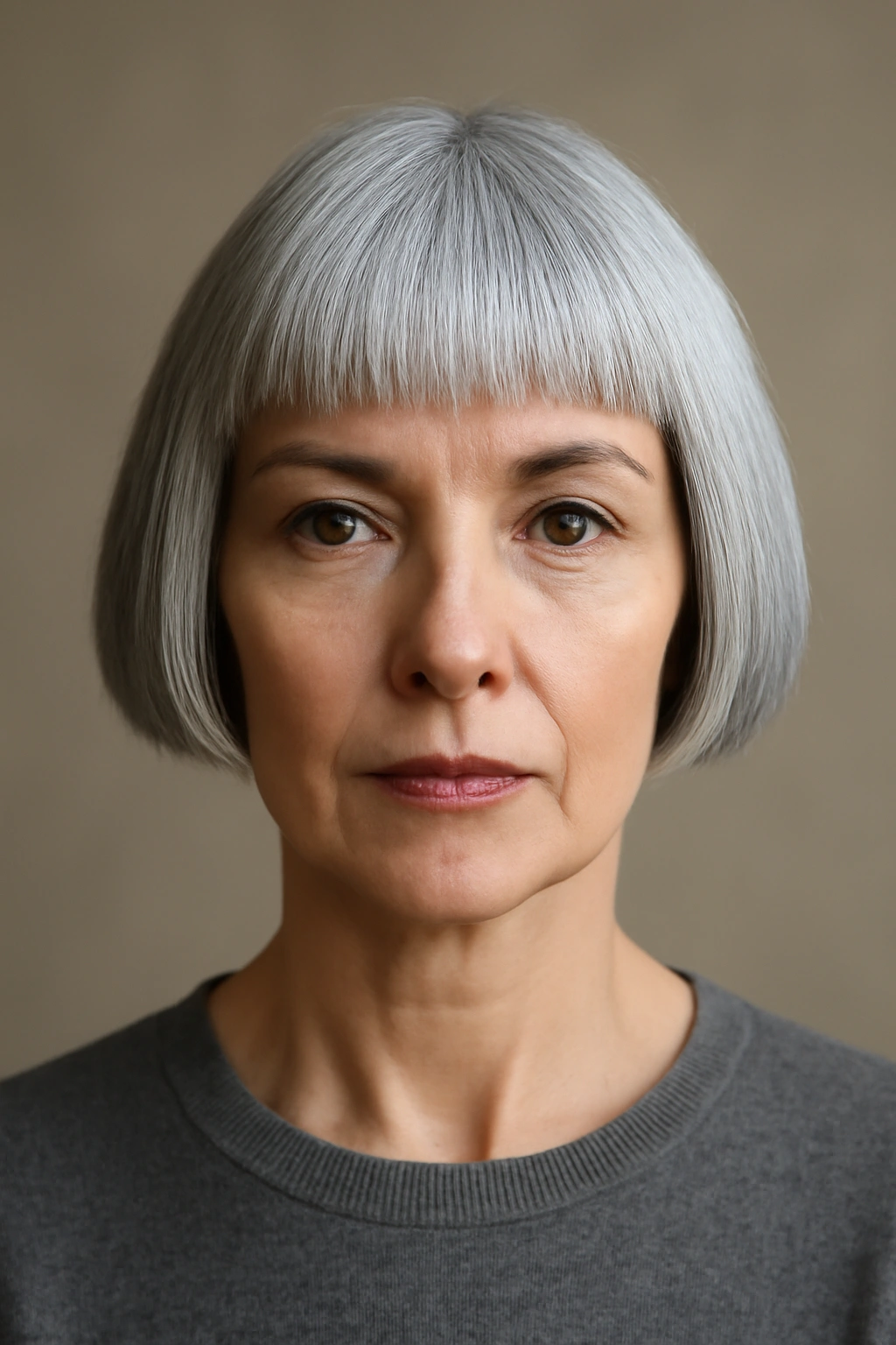 10 Short Haircuts for Women Embracing Their Gray Hair 5 Front-facing blunt crop on gray hair showing geometric silhouette