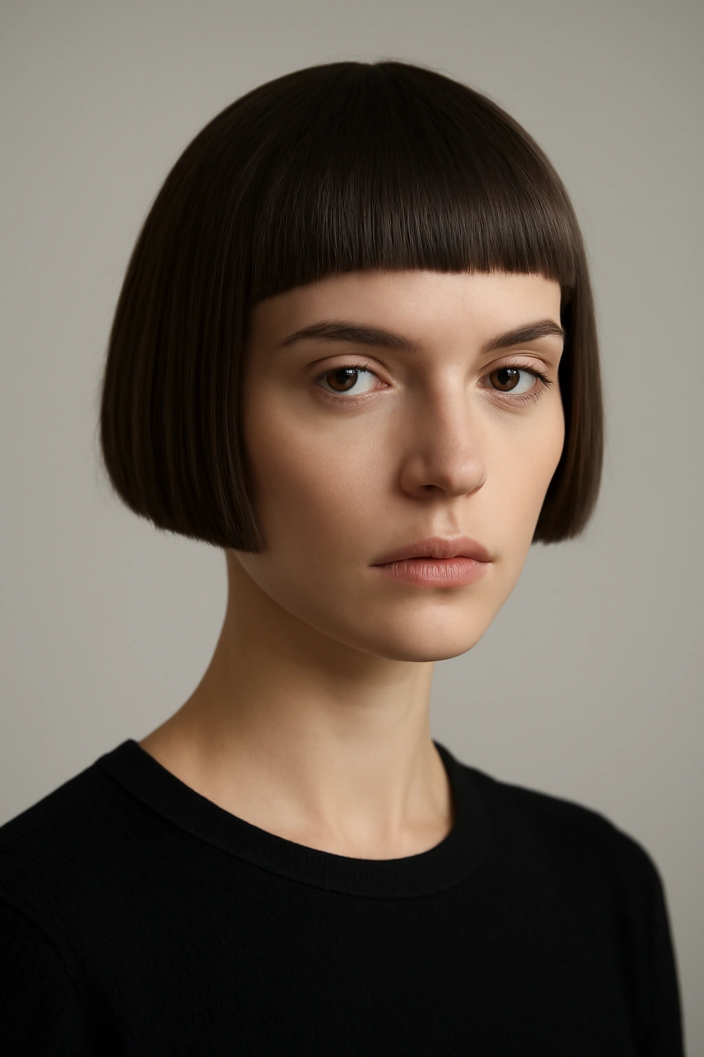 Woman with a blunt crop haircut showing sharp, even length