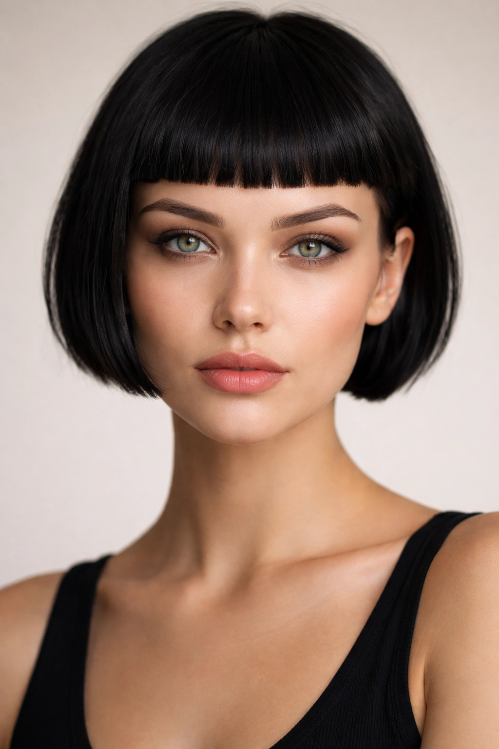 15 Medium Short Haircuts With Bangs That Flatter 13 Close-up portrait of a person with a blunt crop and micro bangs.