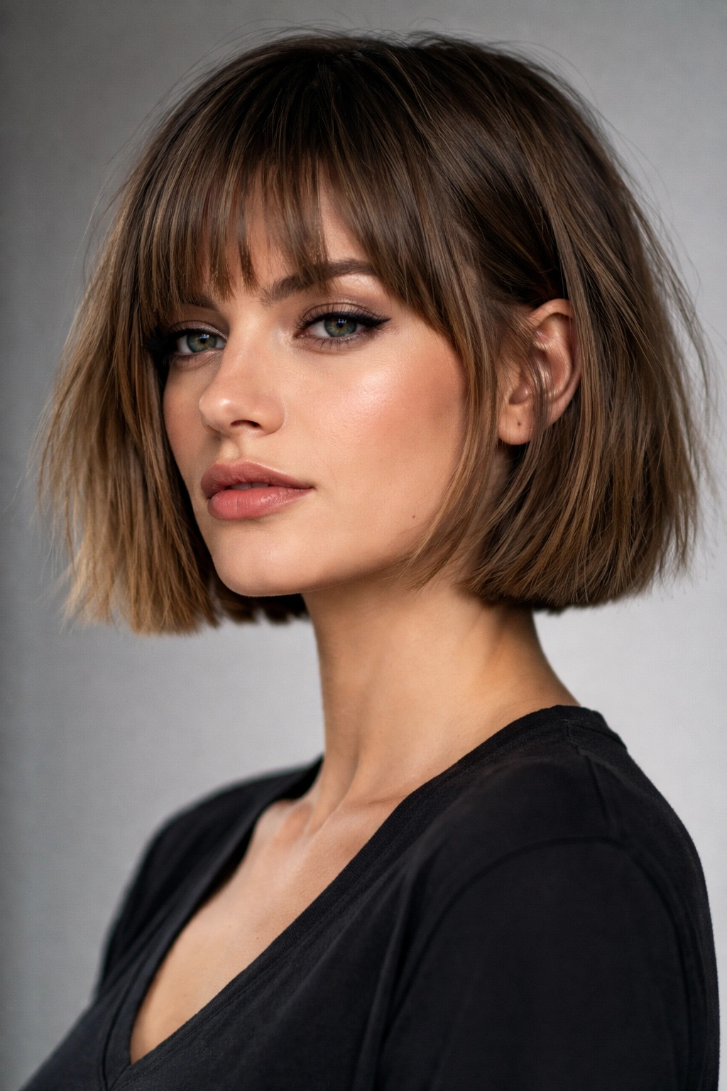 Blunt crop hairstyle with straight across edge for square faces.