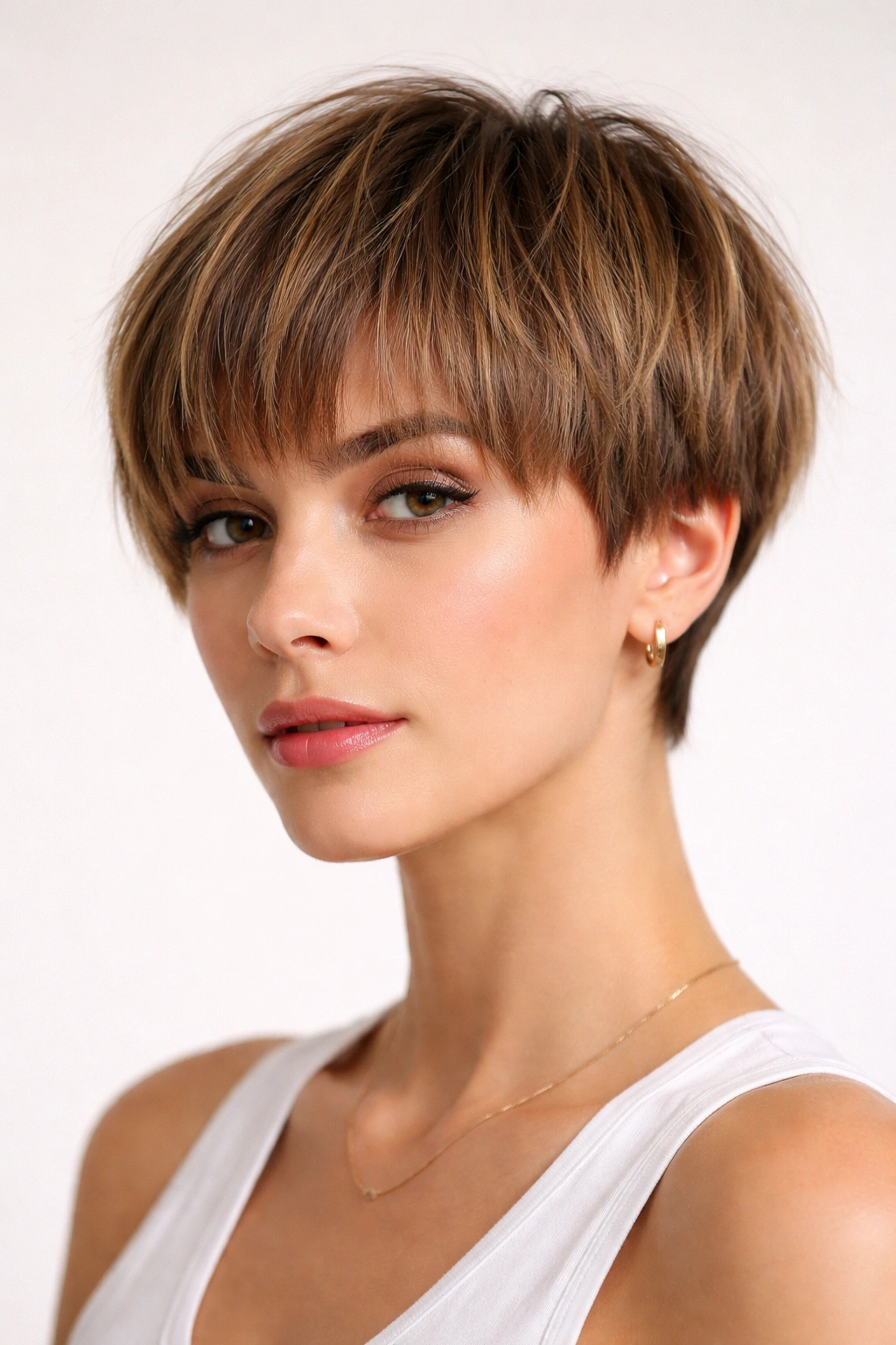 Close-up of blunt crop hairstyle showing clean edge with subtle texture