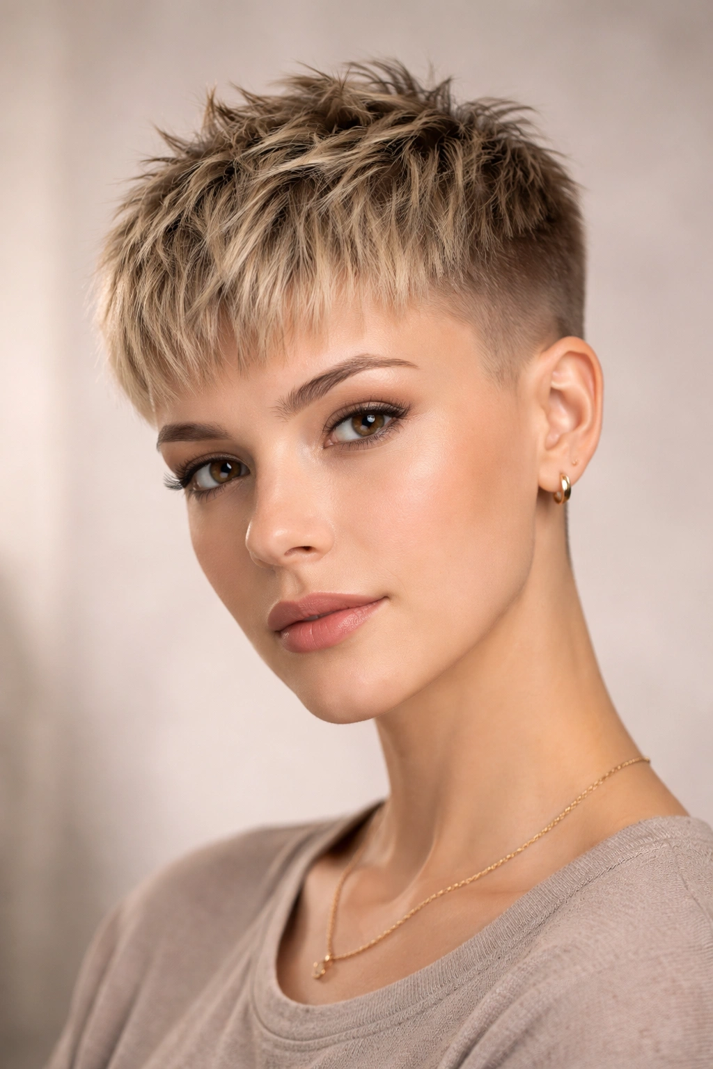 Close-up of blunt crop with textured top on fine hair, crown volume emphasized