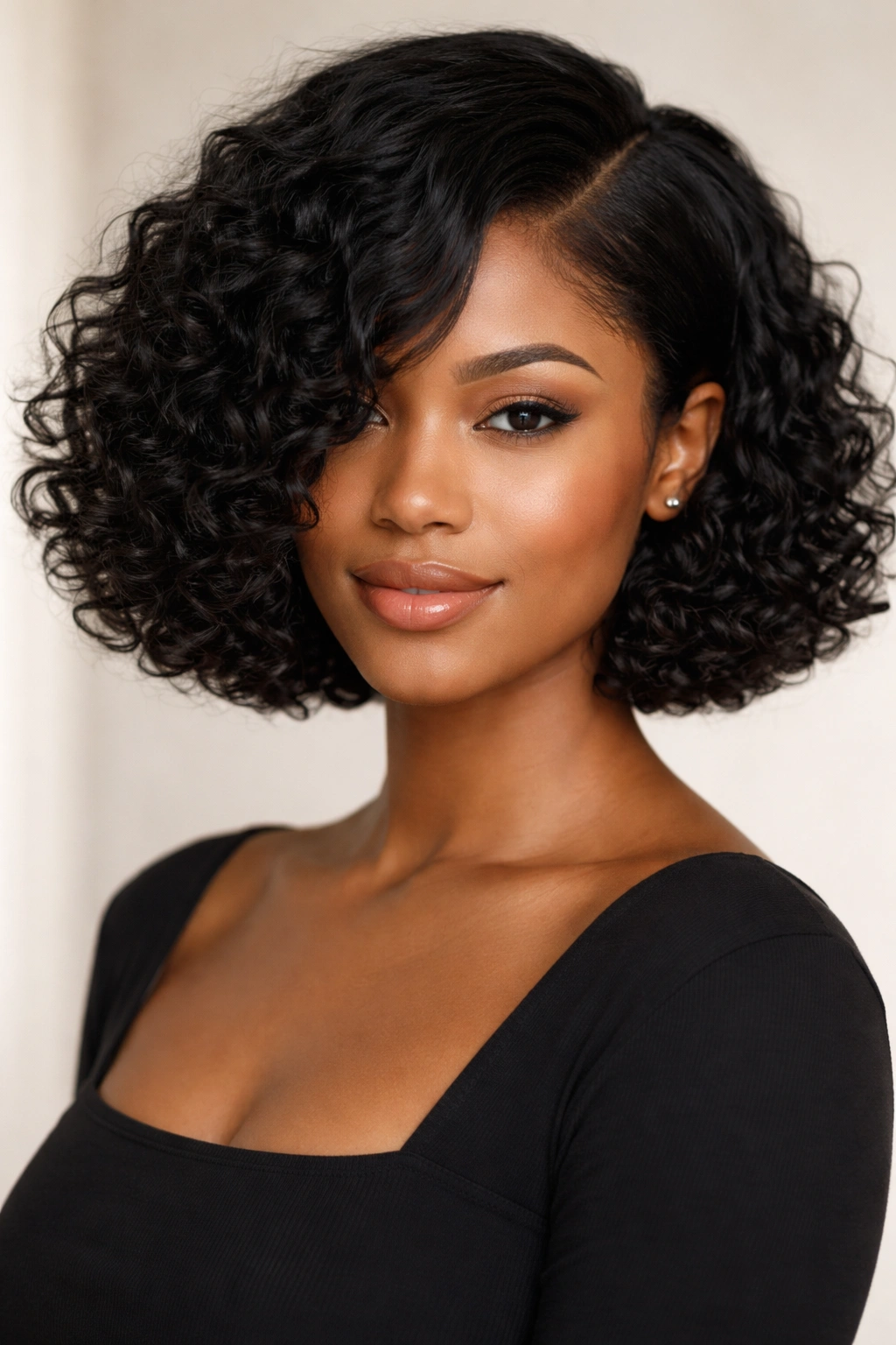 Blunt curl bob with side part showing sharp edge and curl separation