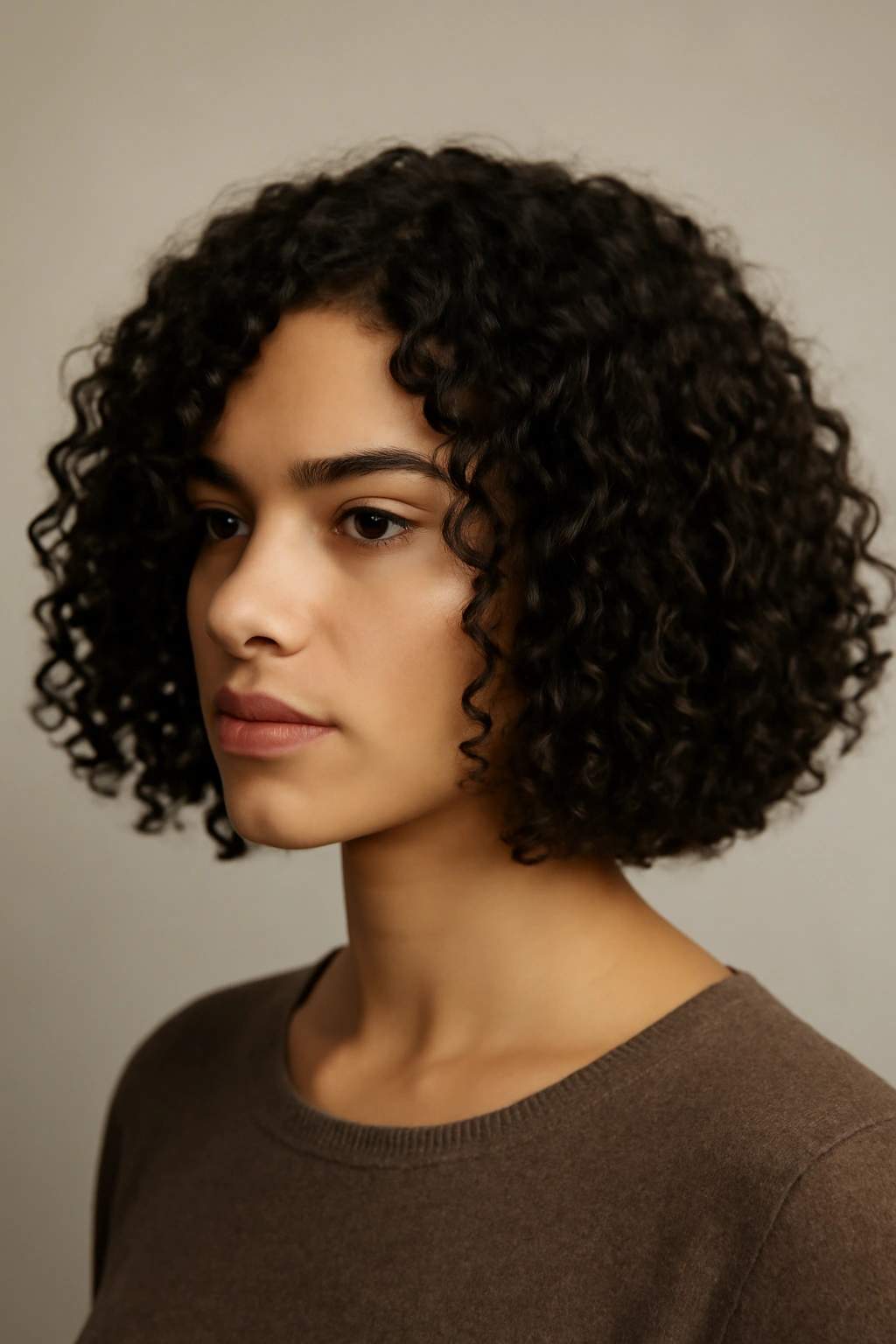 Close-up of a curly hairstyle with a blunt cut and sharp edge