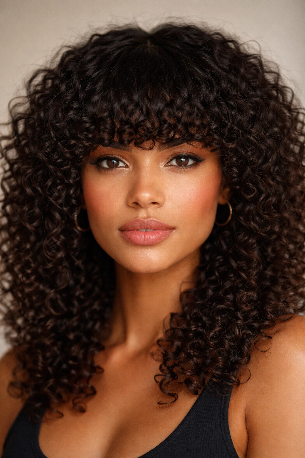 Close-up portrait showing a bold blunt curly bang