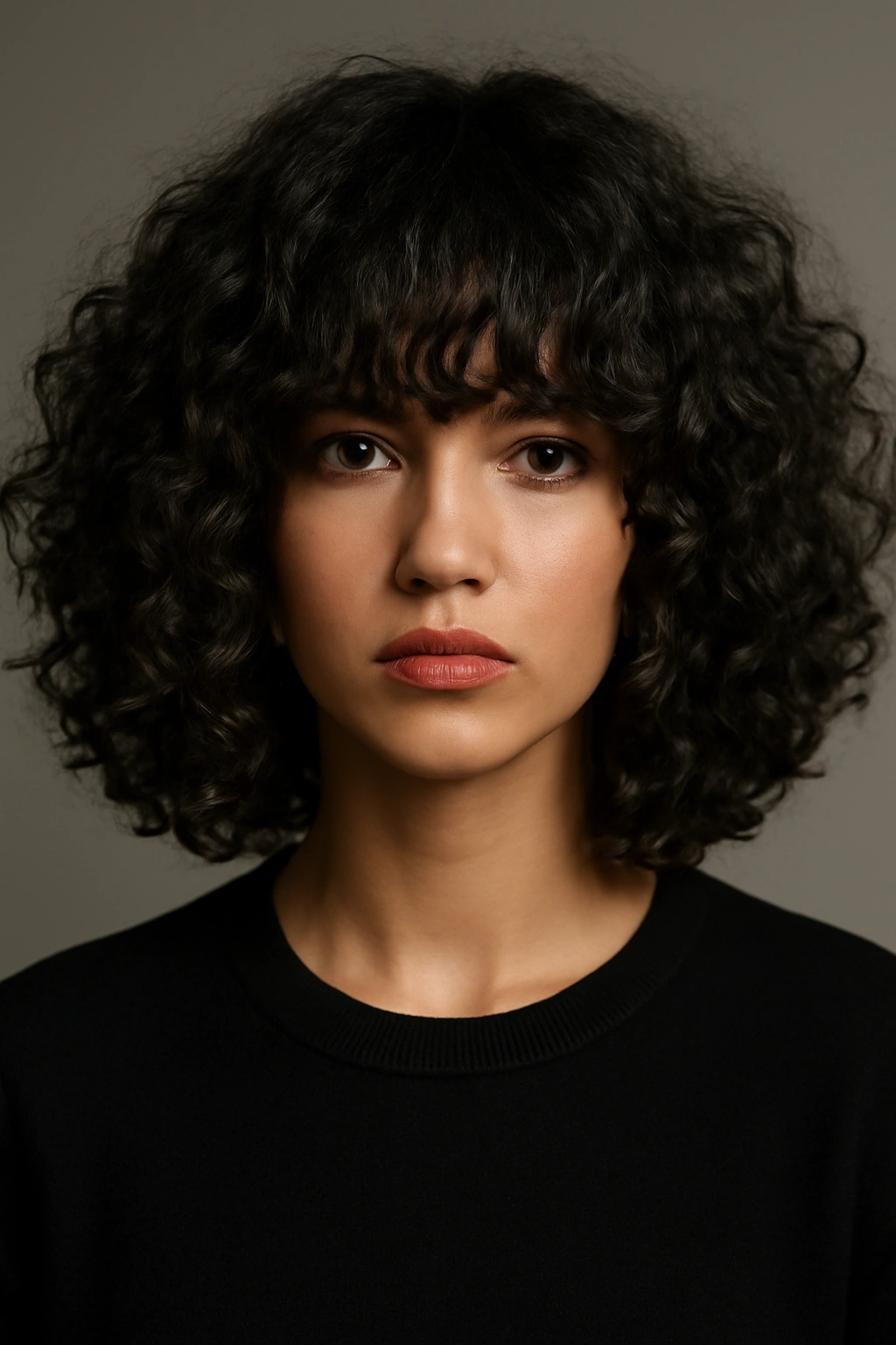 Blunt curly bob with heavy bangs on a model, bold fringe framing the face