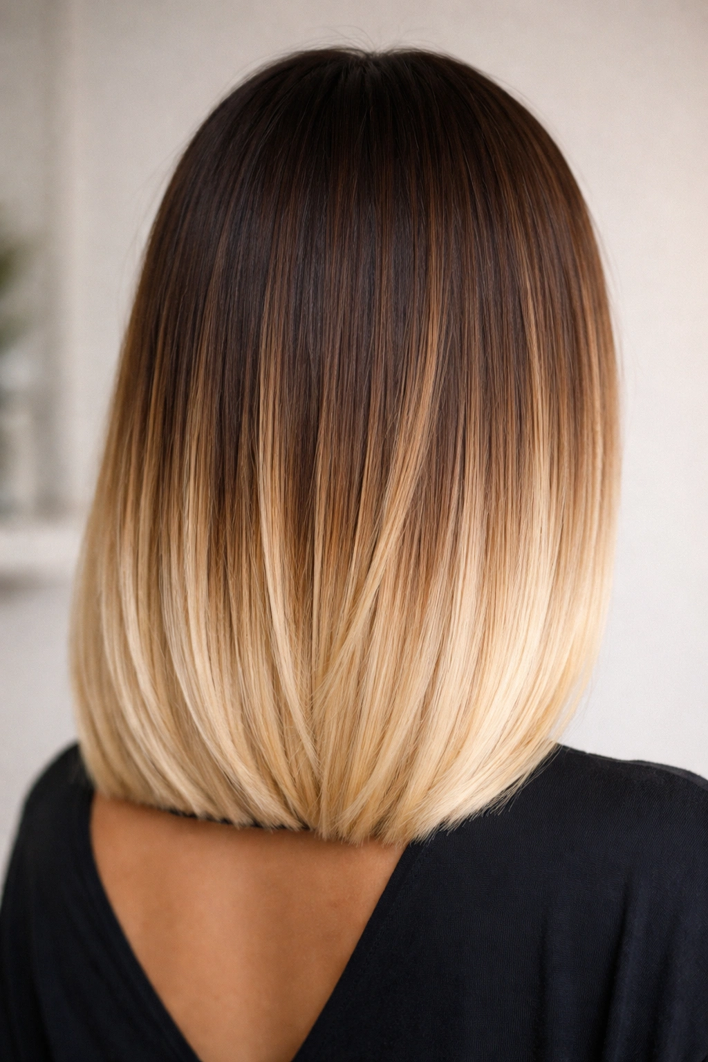 Blunt-cut medium hair with bright lighter ends.