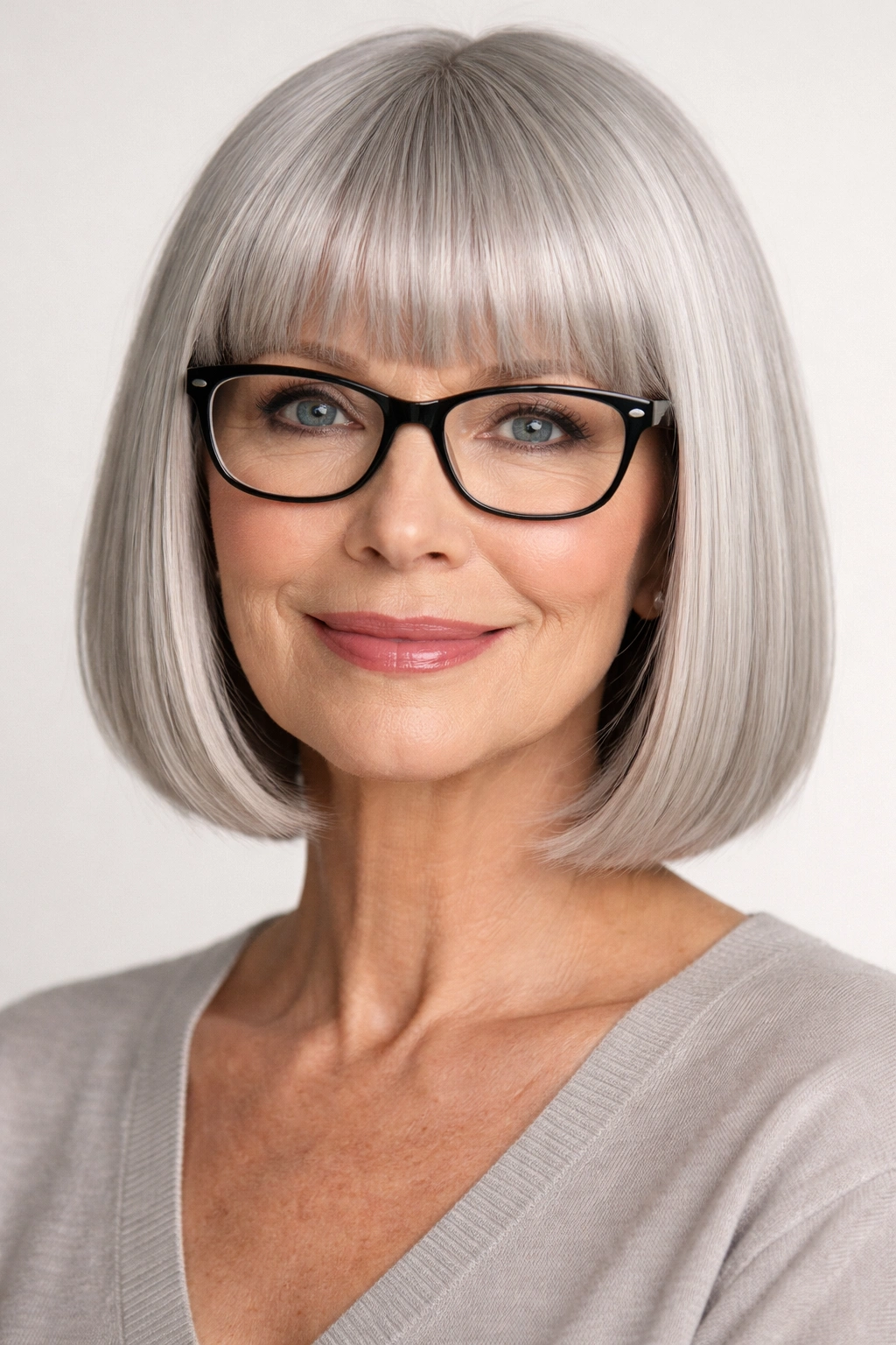 Portrait of a woman with blunt cut and straight bangs, sharp edges
