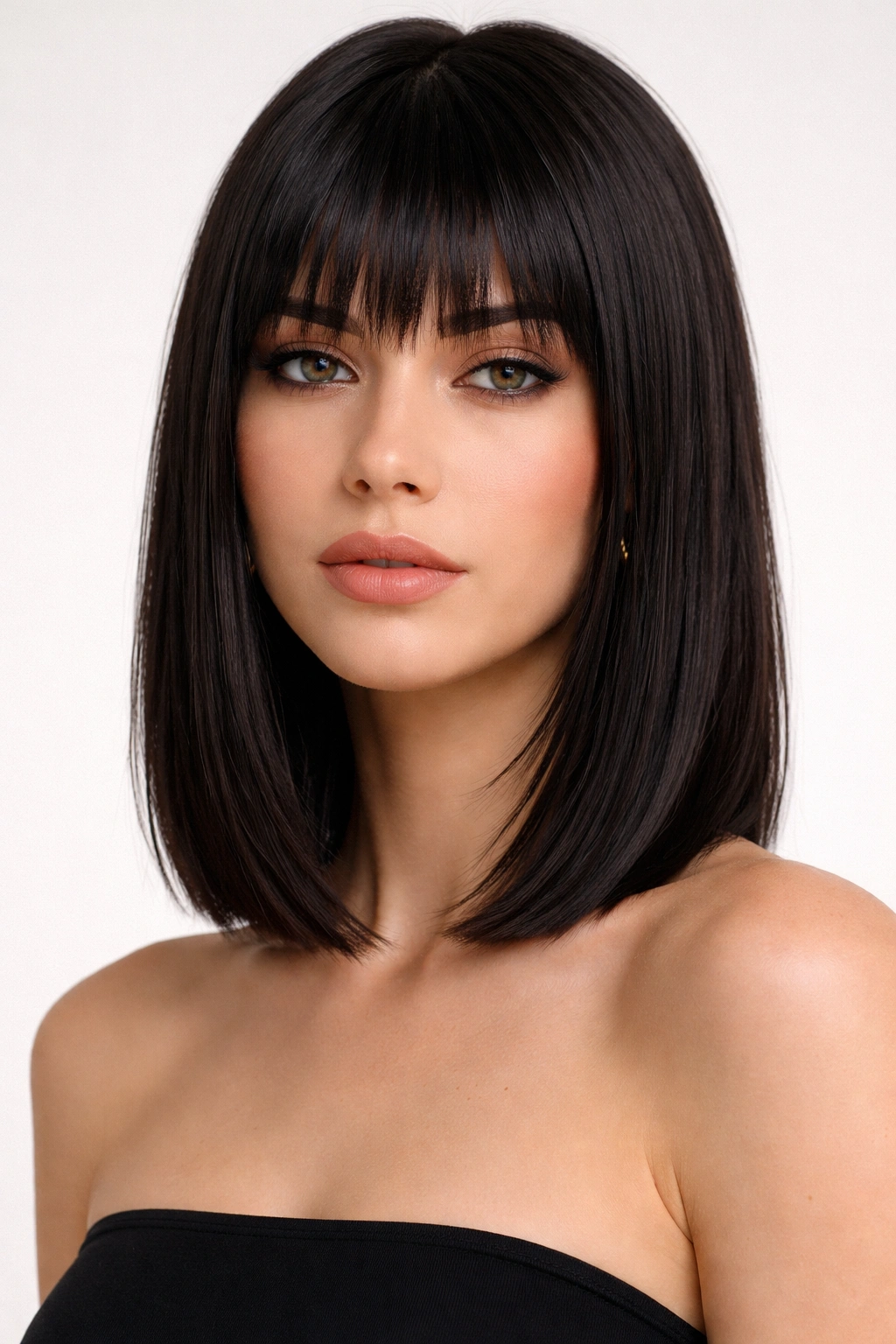 Shoulder-length hair with blunt cut and jagged razor-cut bangs