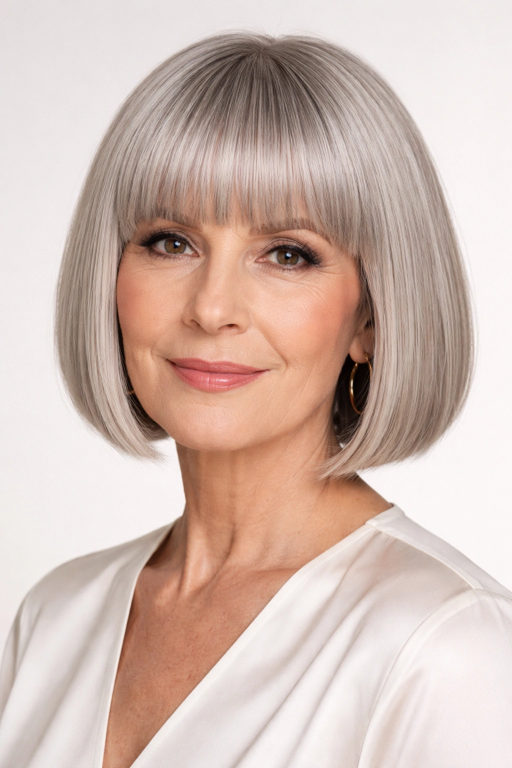 Blunt cut bob with fringe showcasing bold, straight-across ends and dense texture