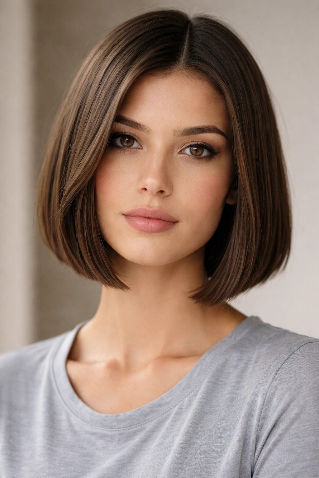 12 Chin Length Bobs That Suit Every Face Shape 3 Portrait of a model with a blunt-cut bob featuring a strong horizontal jawline