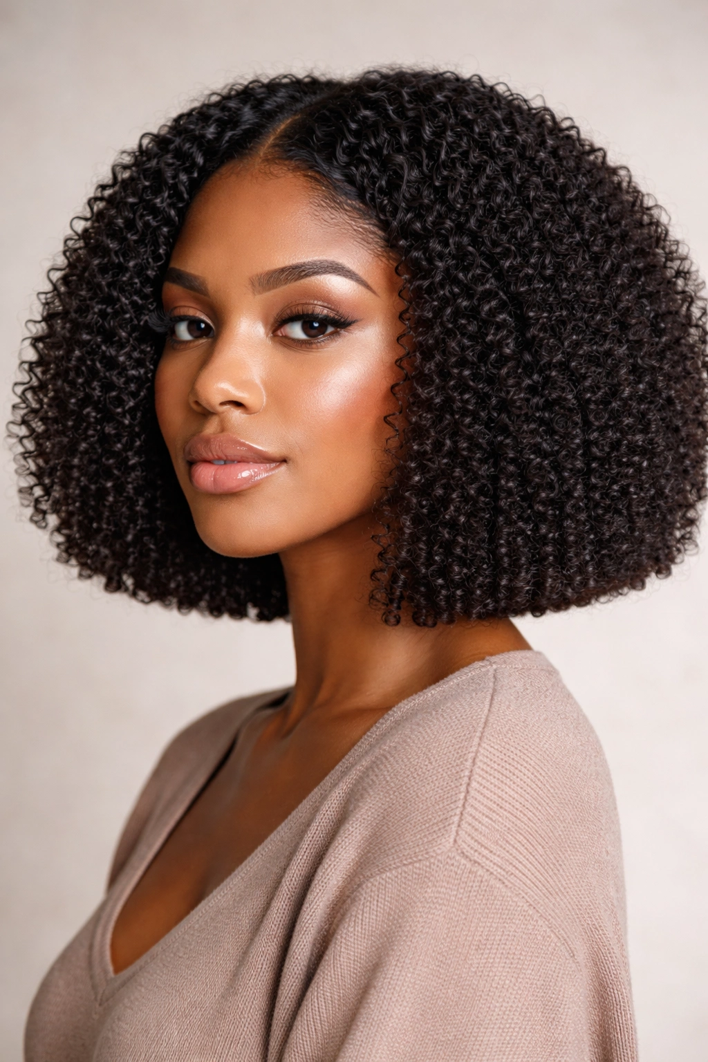 Portrait of a person with blunt-cut hair showing a single-length edge on natural curls